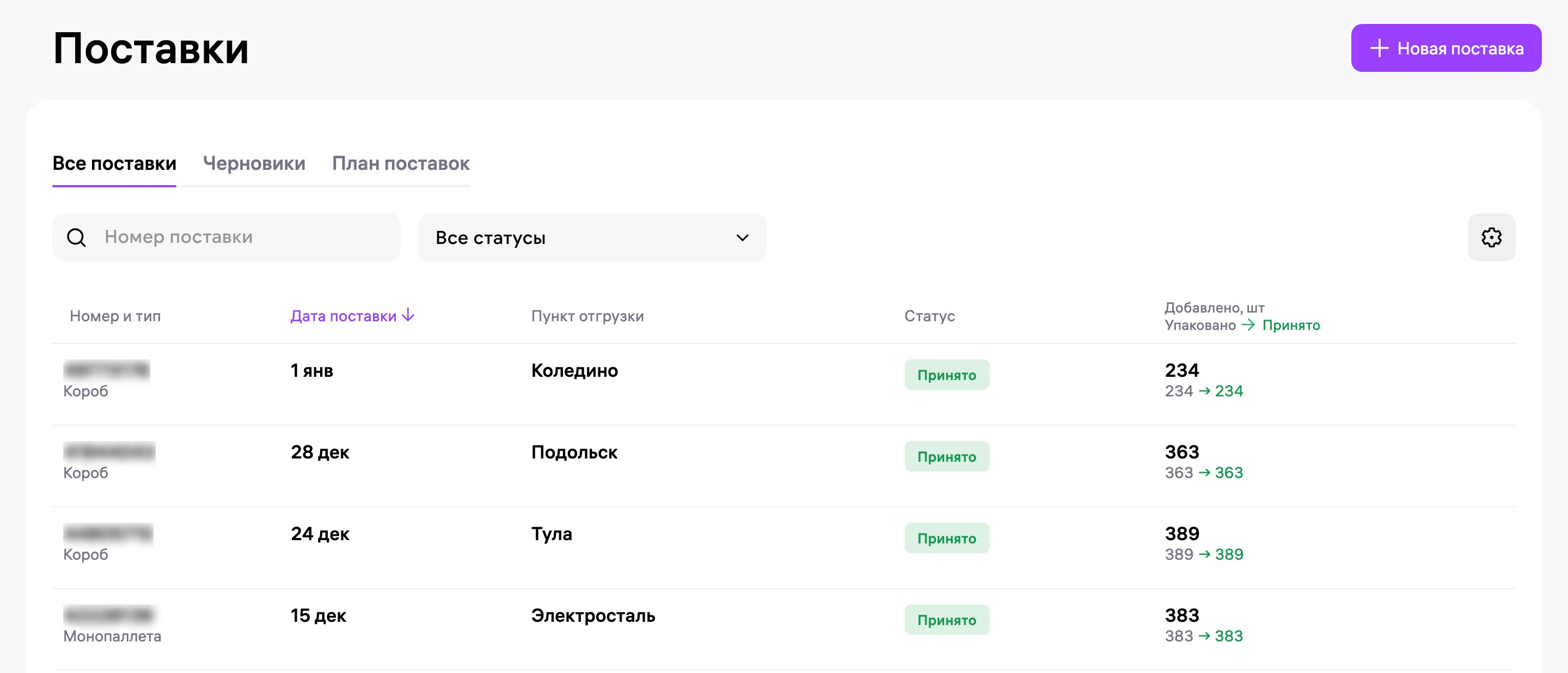 Поставки в кабинете Wildberries