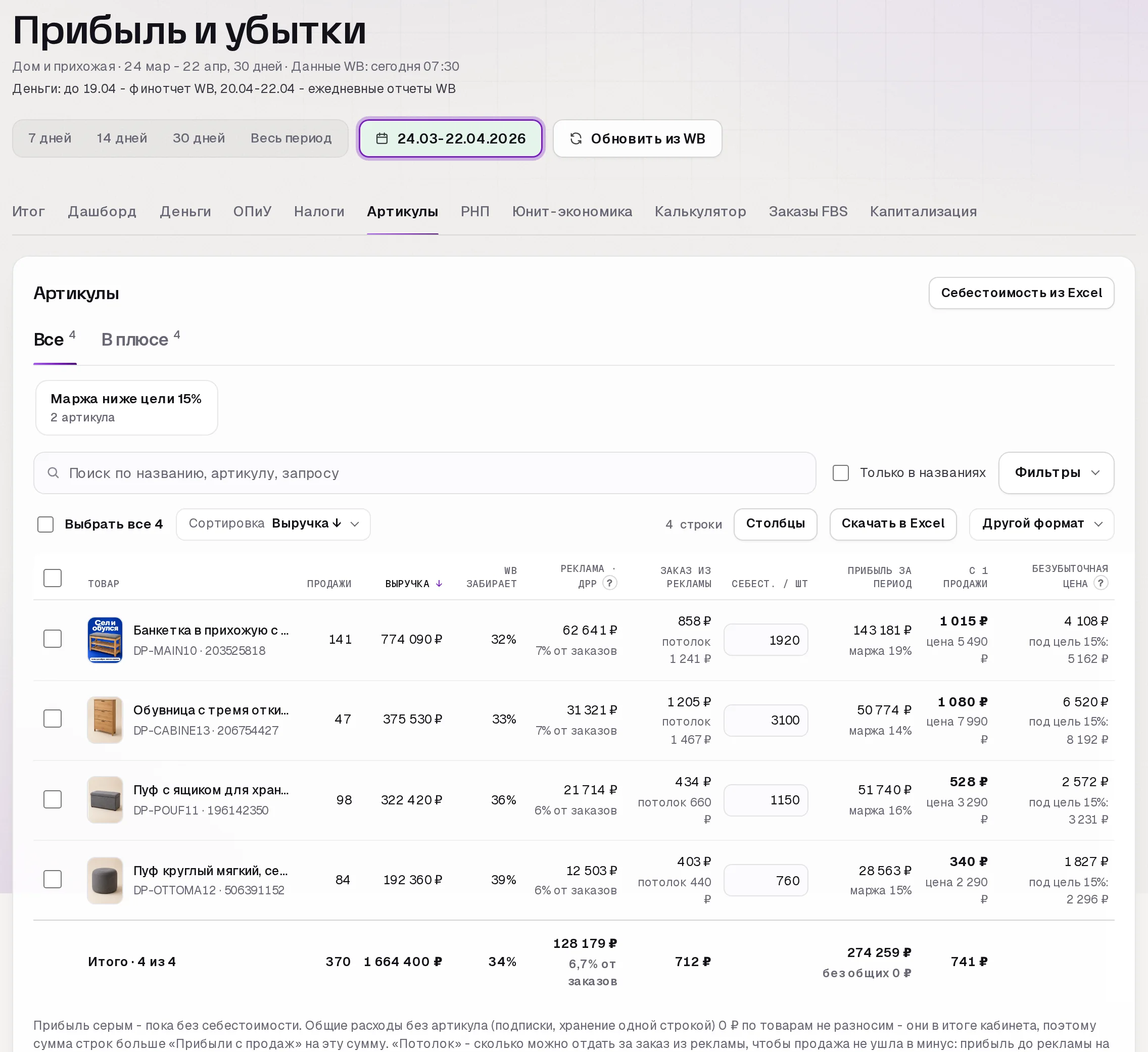 Раздел «Прибыль» в кабинете SkuScan