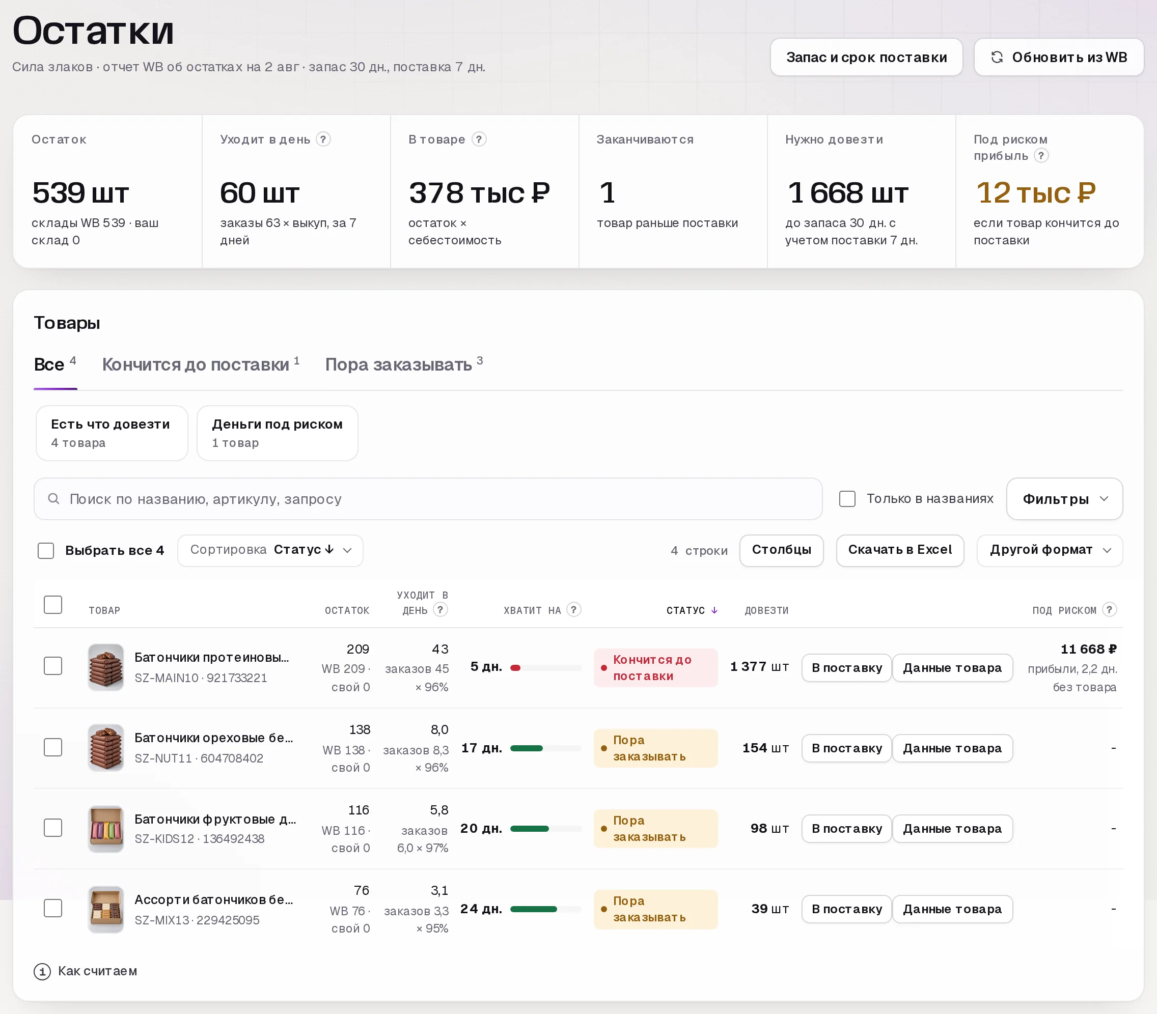 Раздел «Остатки» в кабинете SkuScan