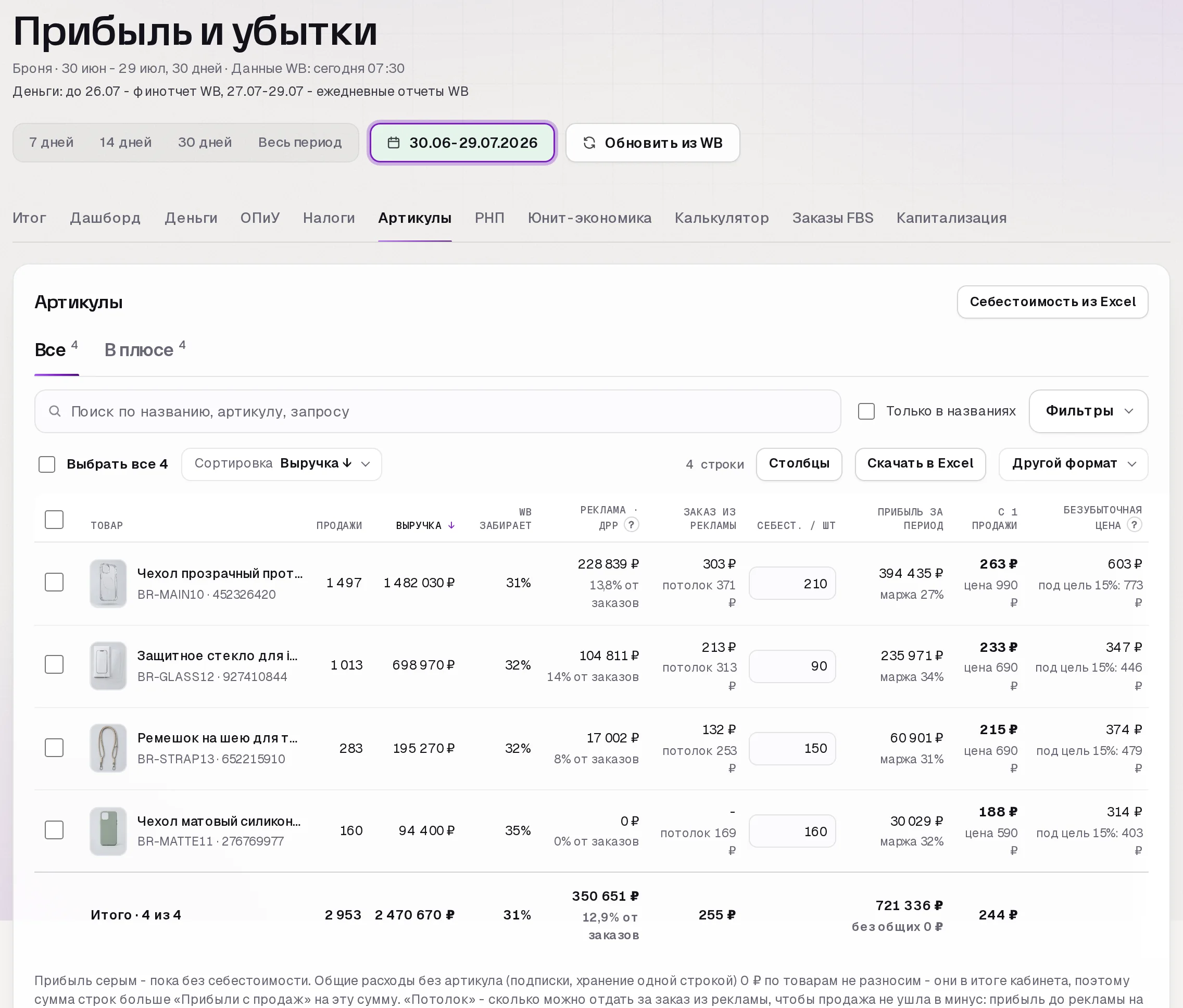 Раздел «Прибыль» в кабинете SkuScan