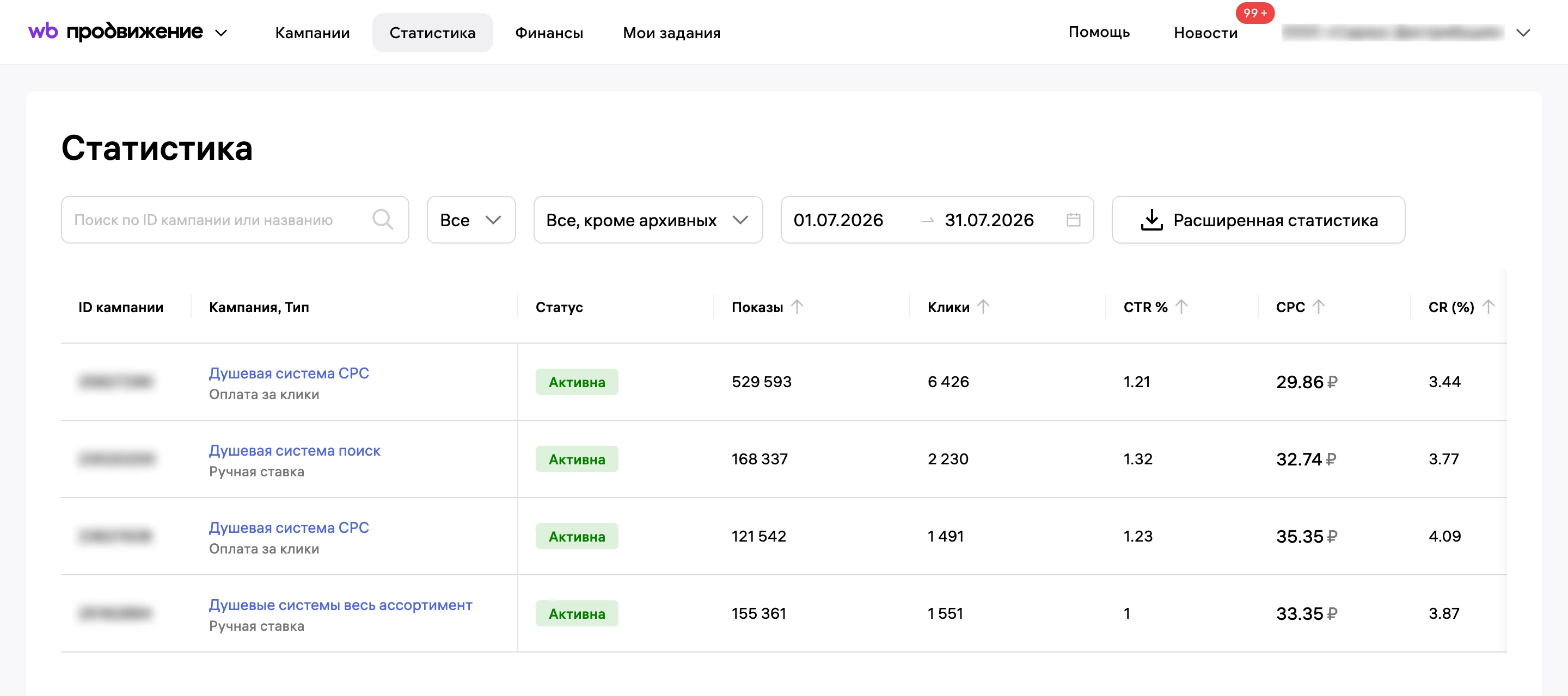 Статистика рекламы в кабинете Wildberries за июль