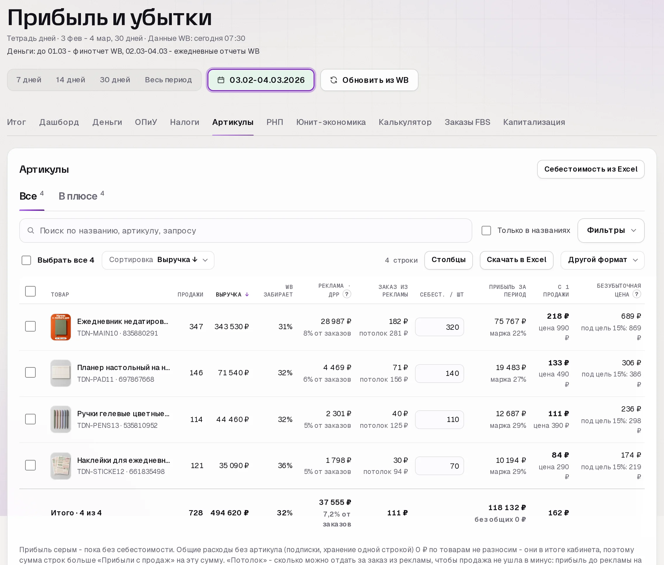 Раздел «Прибыль» в кабинете SkuScan