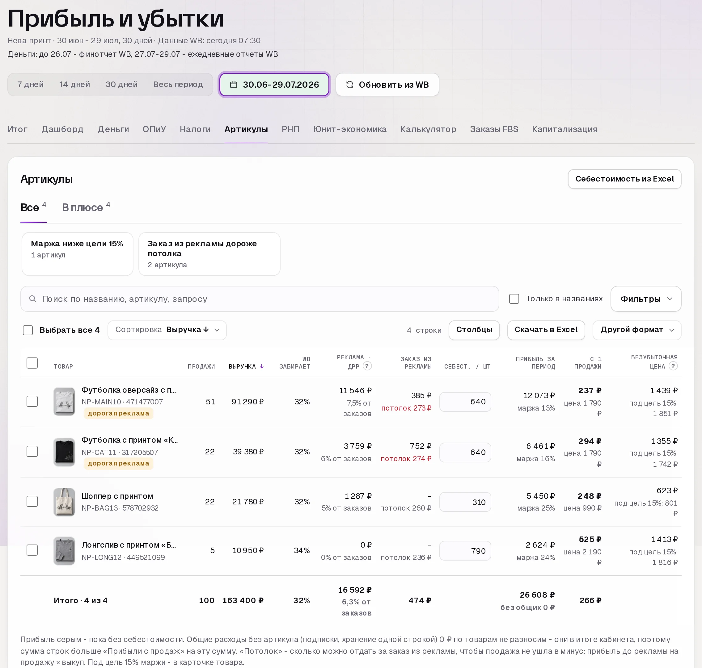 Раздел «Прибыль» в кабинете SkuScan после изменений