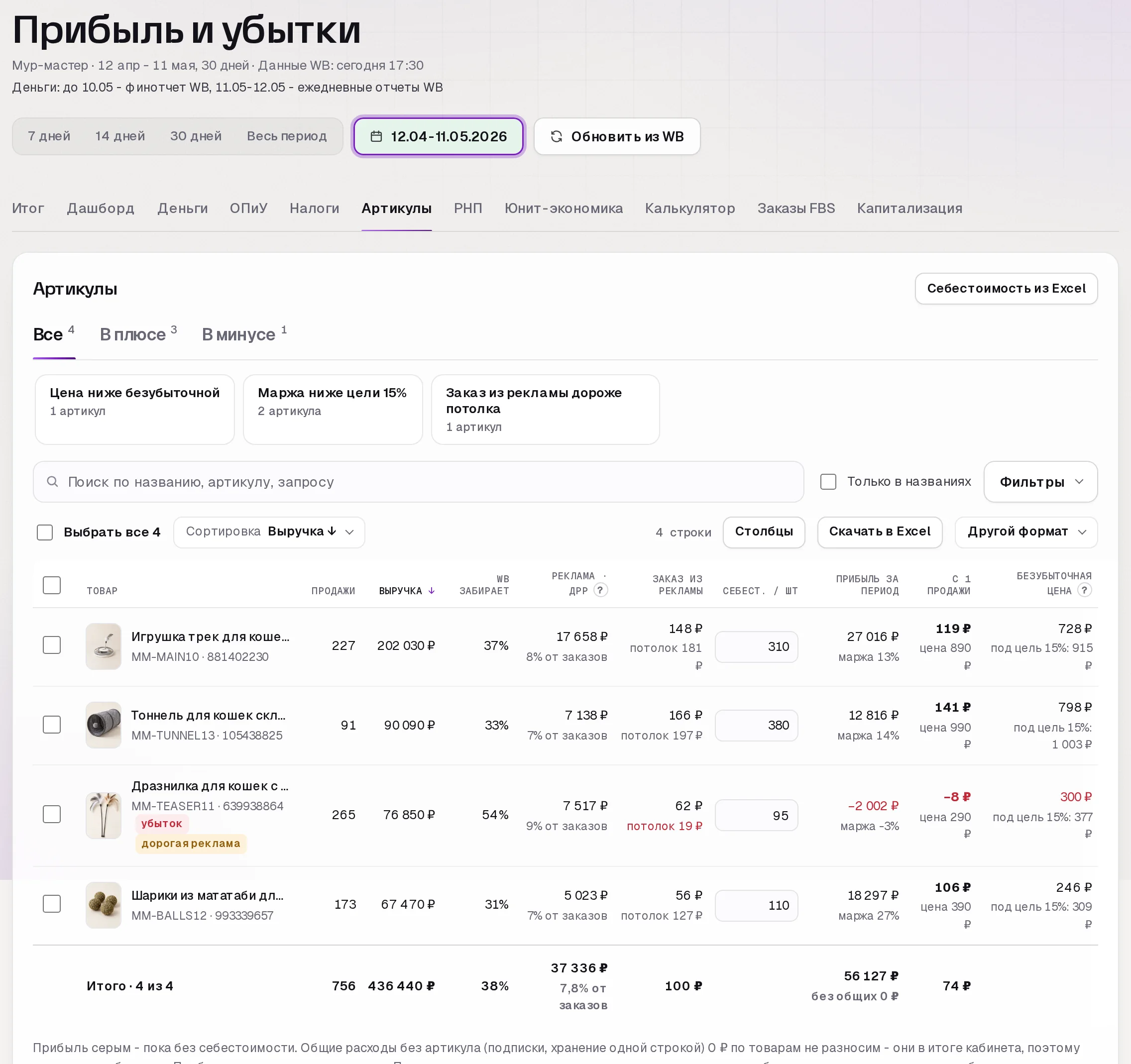 Раздел «Прибыль» в кабинете SkuScan