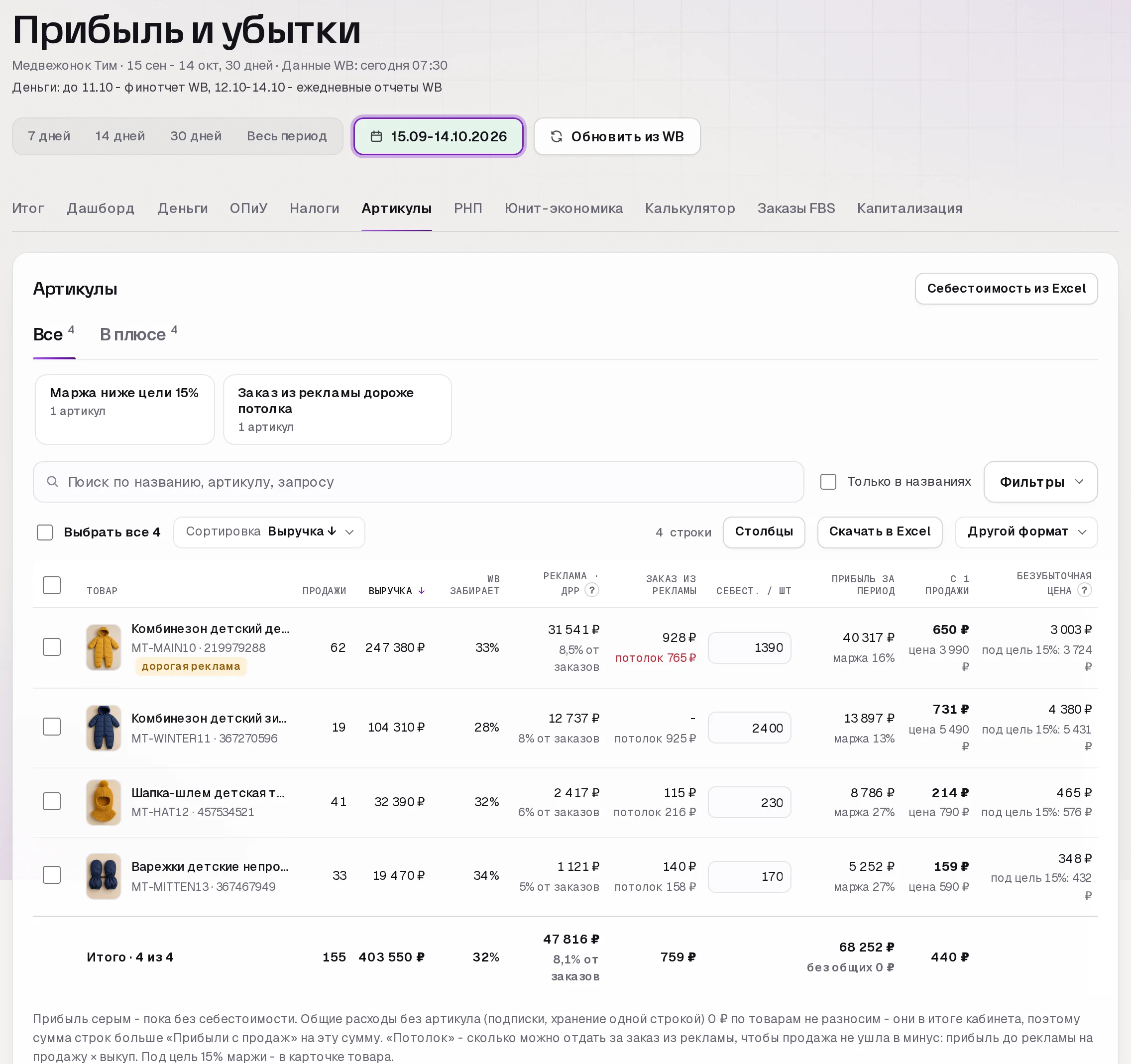 Раздел «Прибыль» в кабинете SkuScan