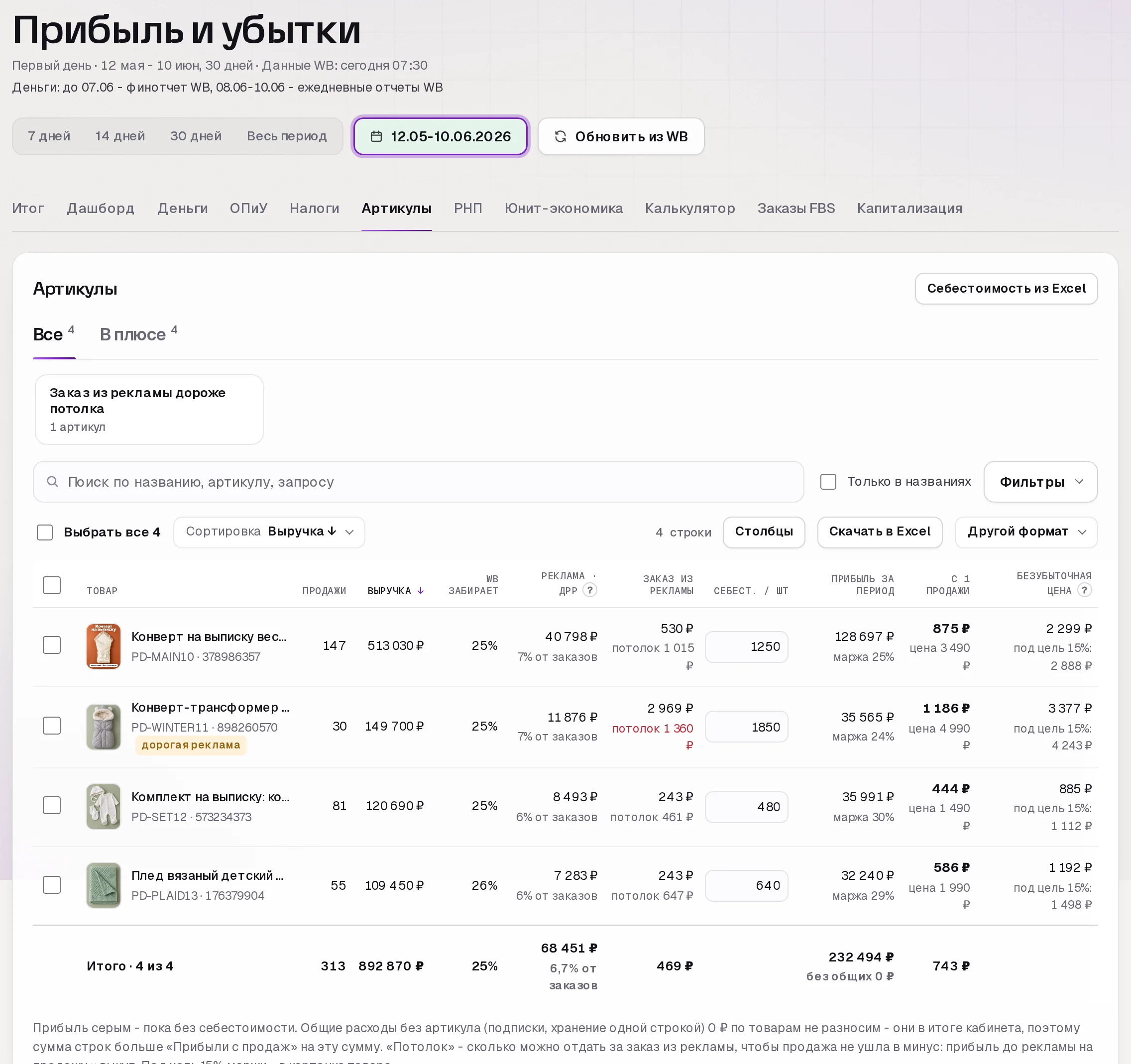 Раздел «Прибыль» в кабинете SkuScan