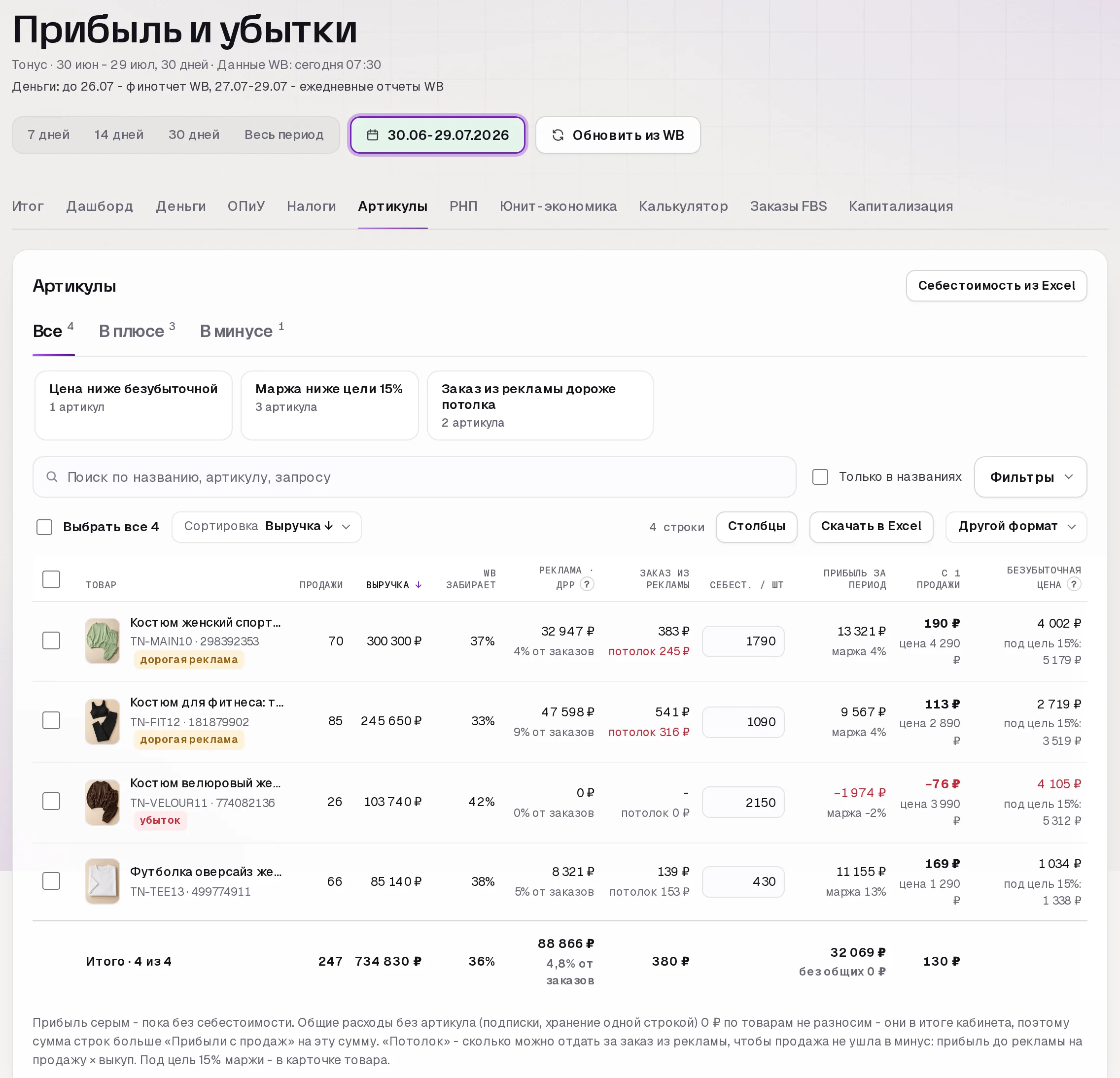 Раздел «Прибыль» после изменений