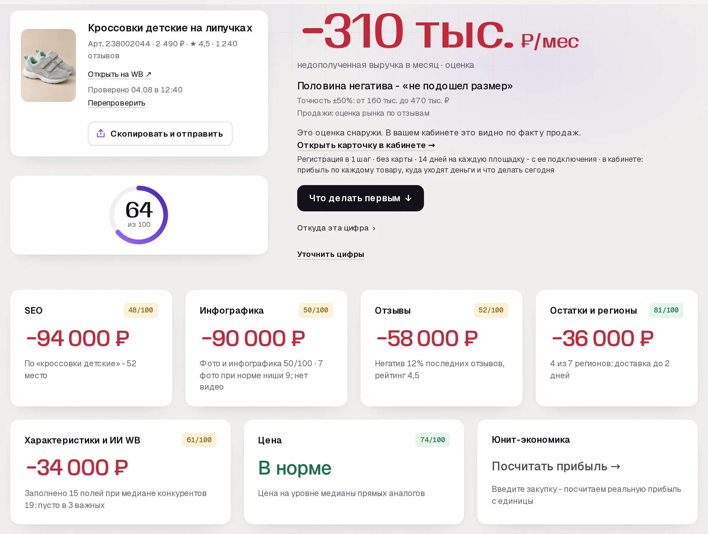 Отчет бесплатного аудита SkuScan по детским кроссовкам