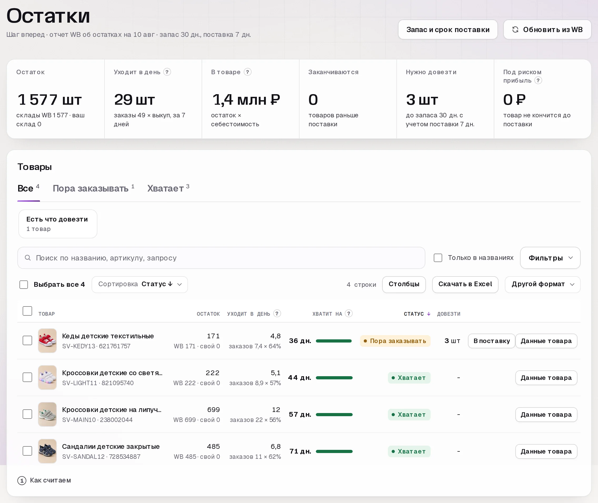 Раздел «Остатки» в кабинете SkuScan