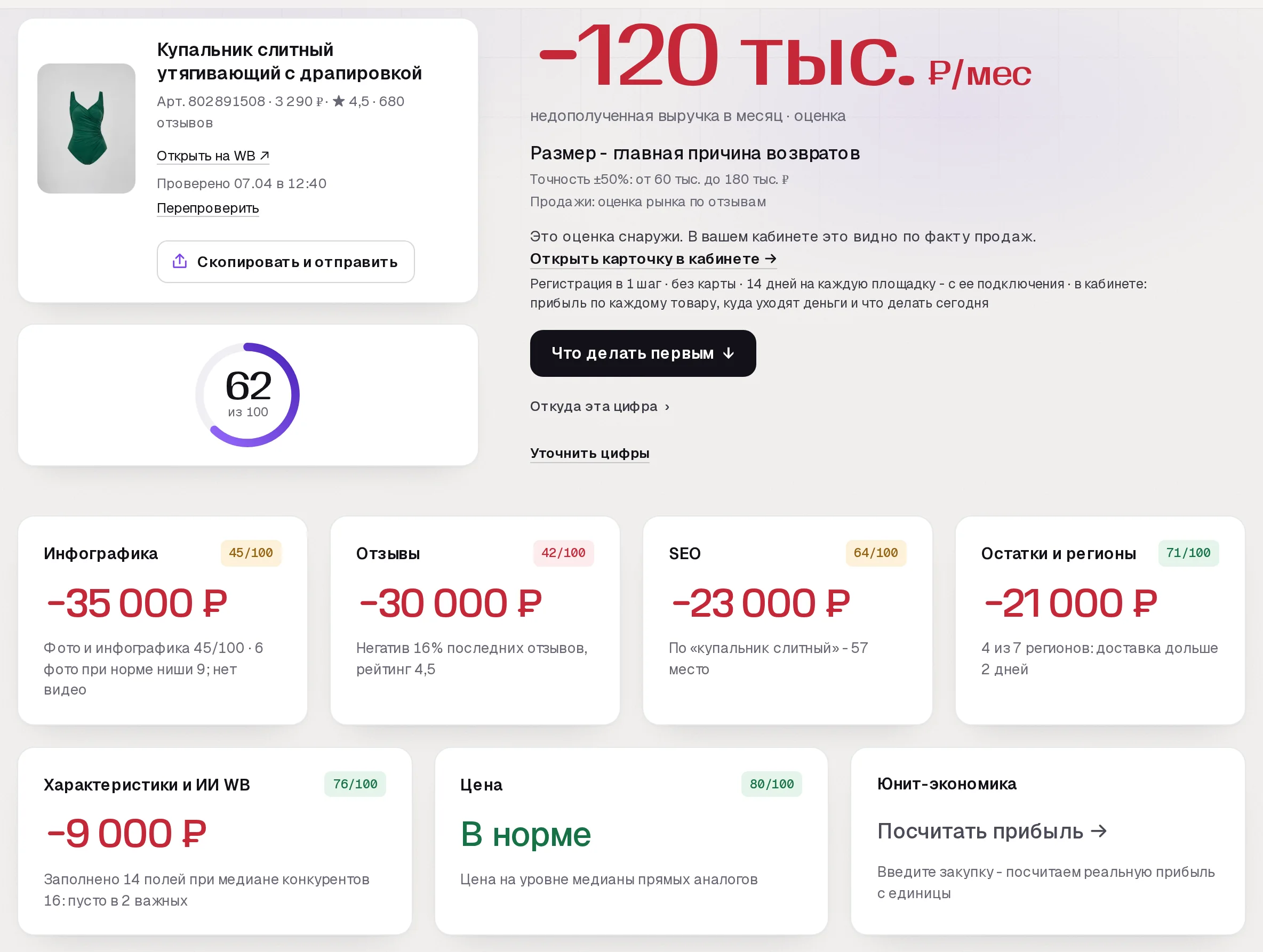 Отчет бесплатного аудита SkuScan по слитному купальнику