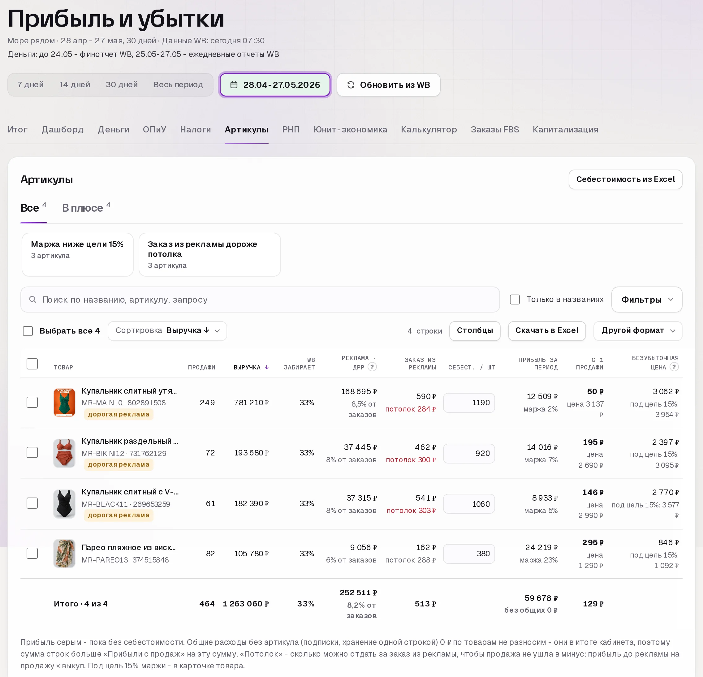 Раздел «Прибыль» в кабинете SkuScan
