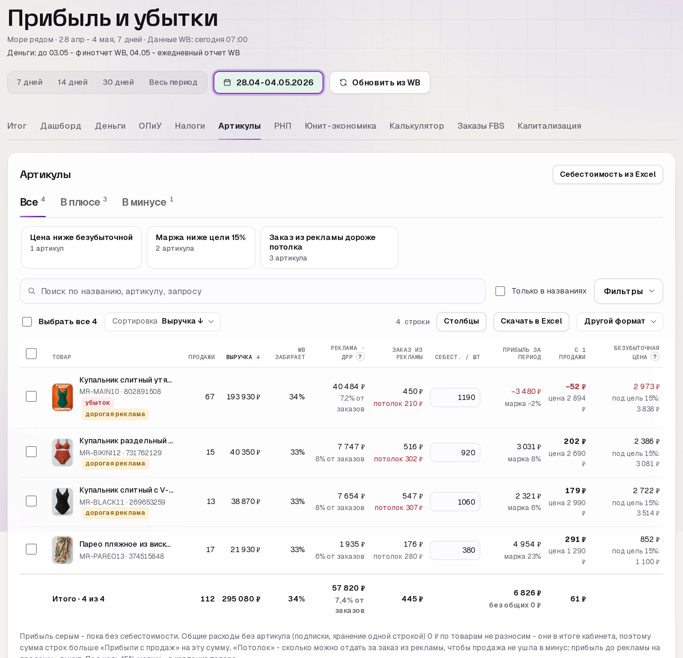 Раздел «Прибыль» в кабинете SkuScan