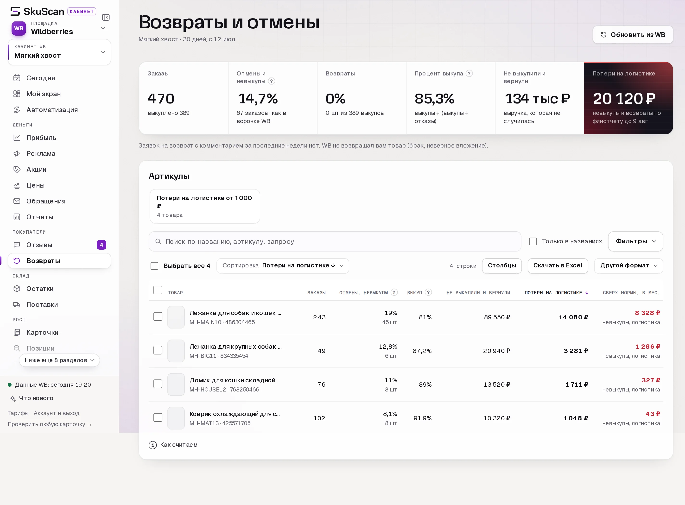 Раздел возвратов и отмен в кабинете SkuScan