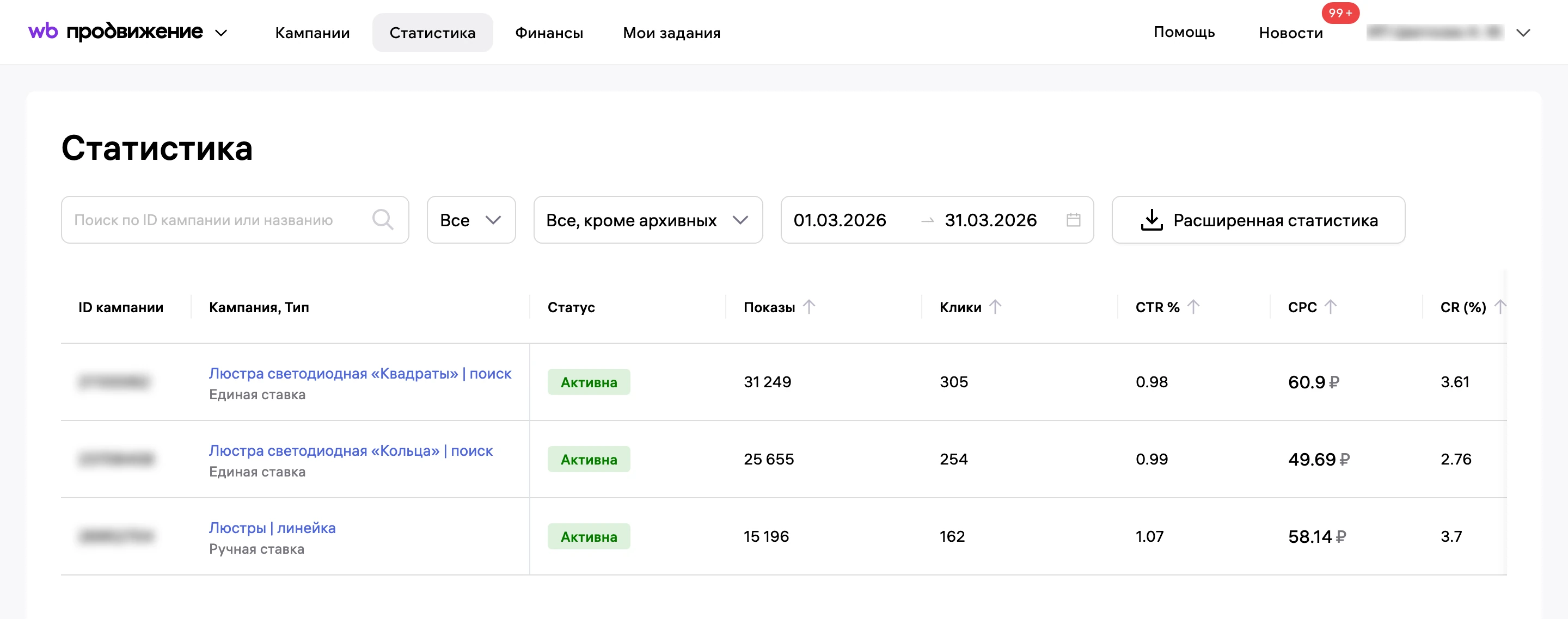 Статистика рекламы в кабинете Wildberries за март