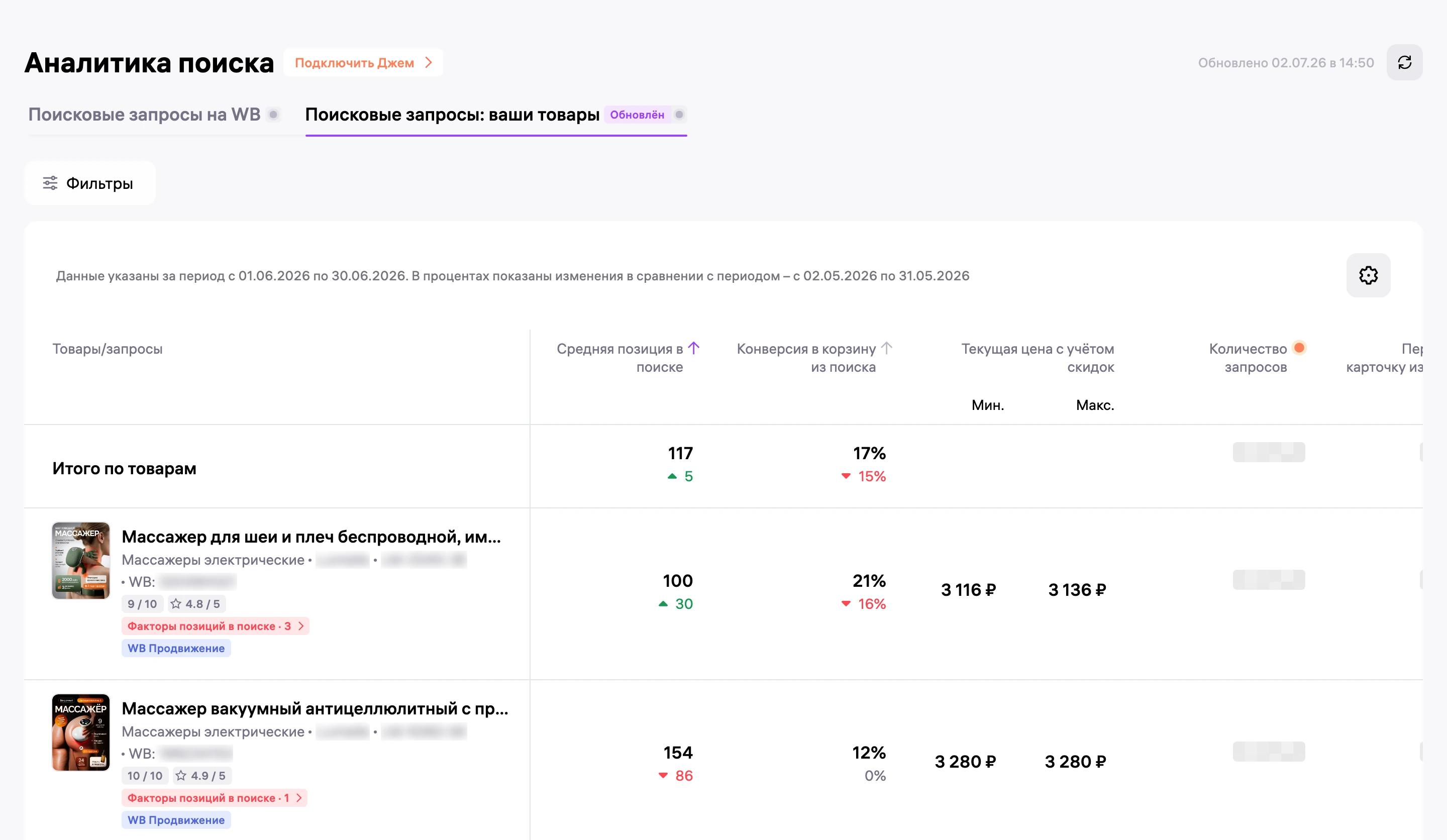 Поисковые запросы по товарам в кабинете Wildberries за июнь