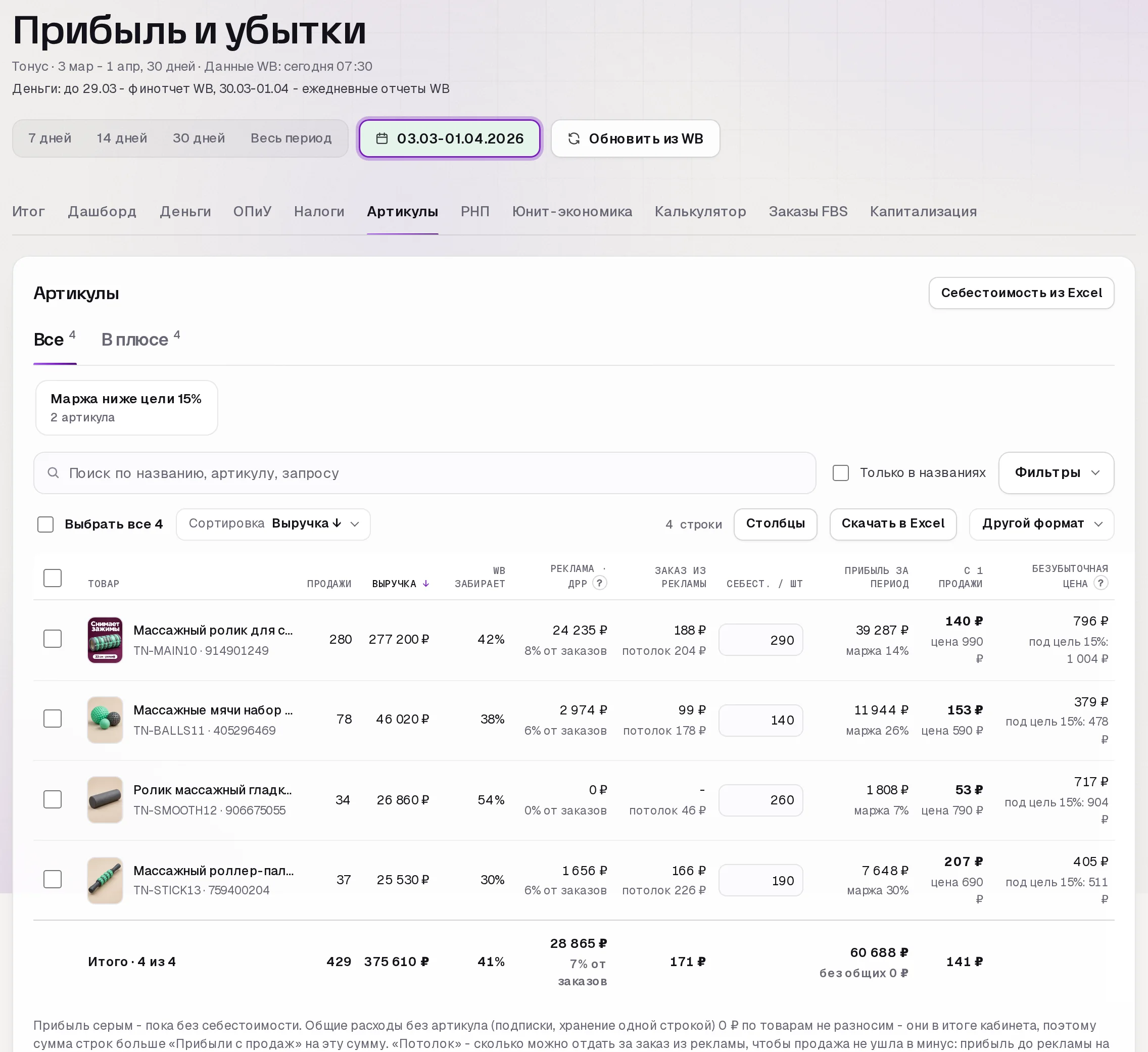 Раздел «Прибыль» в кабинете SkuScan