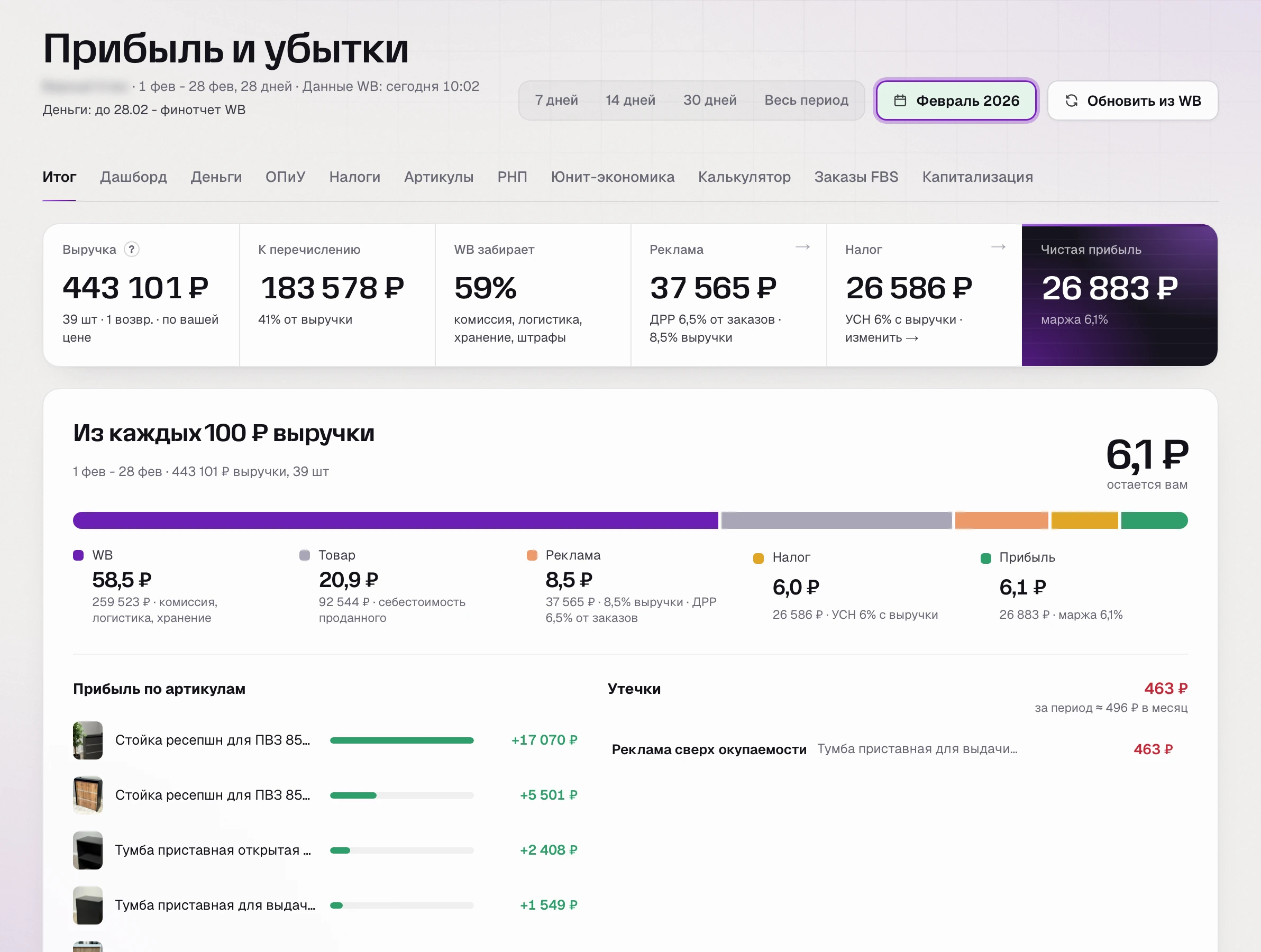 Итог раздела «Прибыль и убытки» SkuScan за февраль
