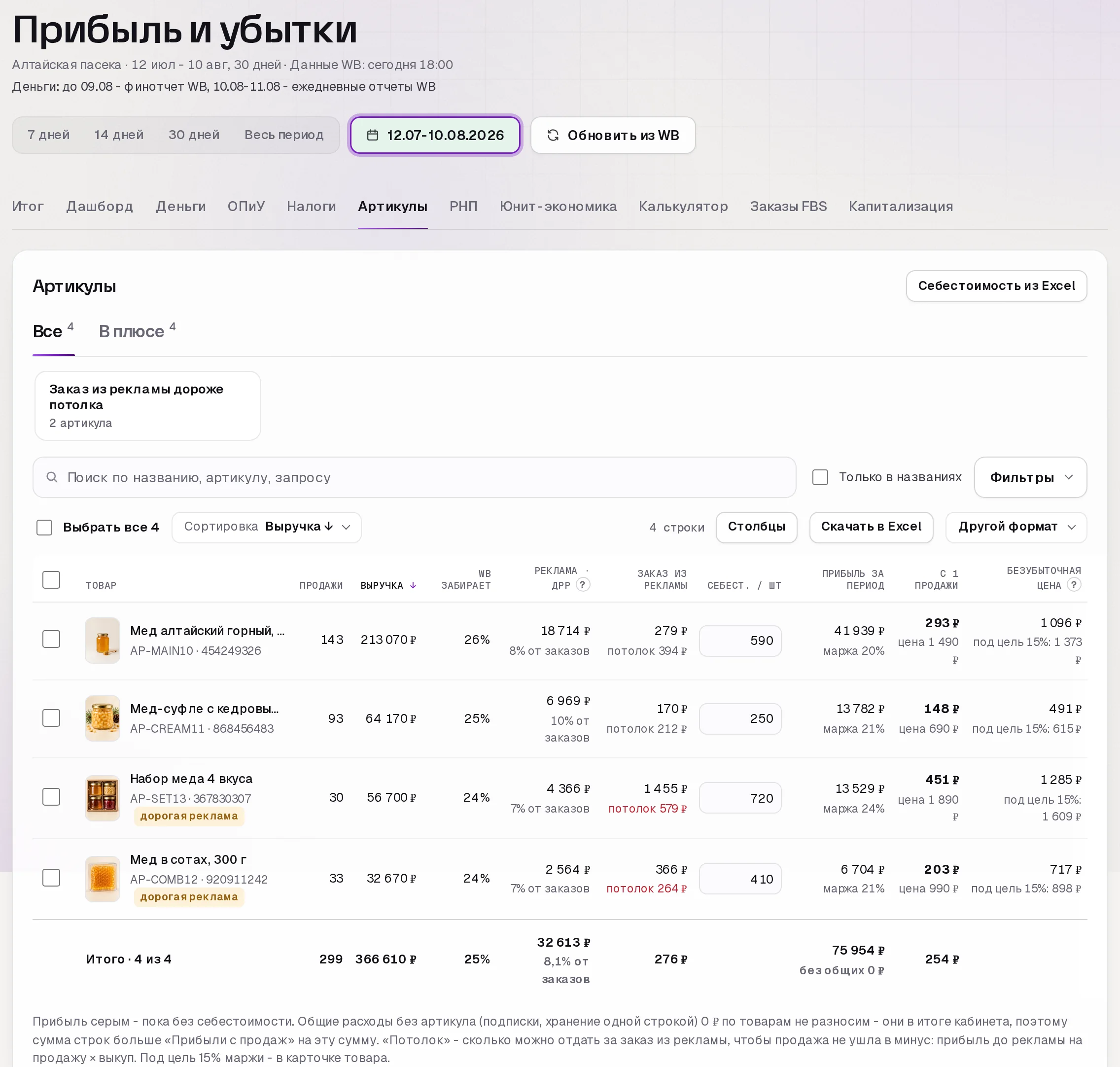 Раздел «Прибыль» в кабинете SkuScan