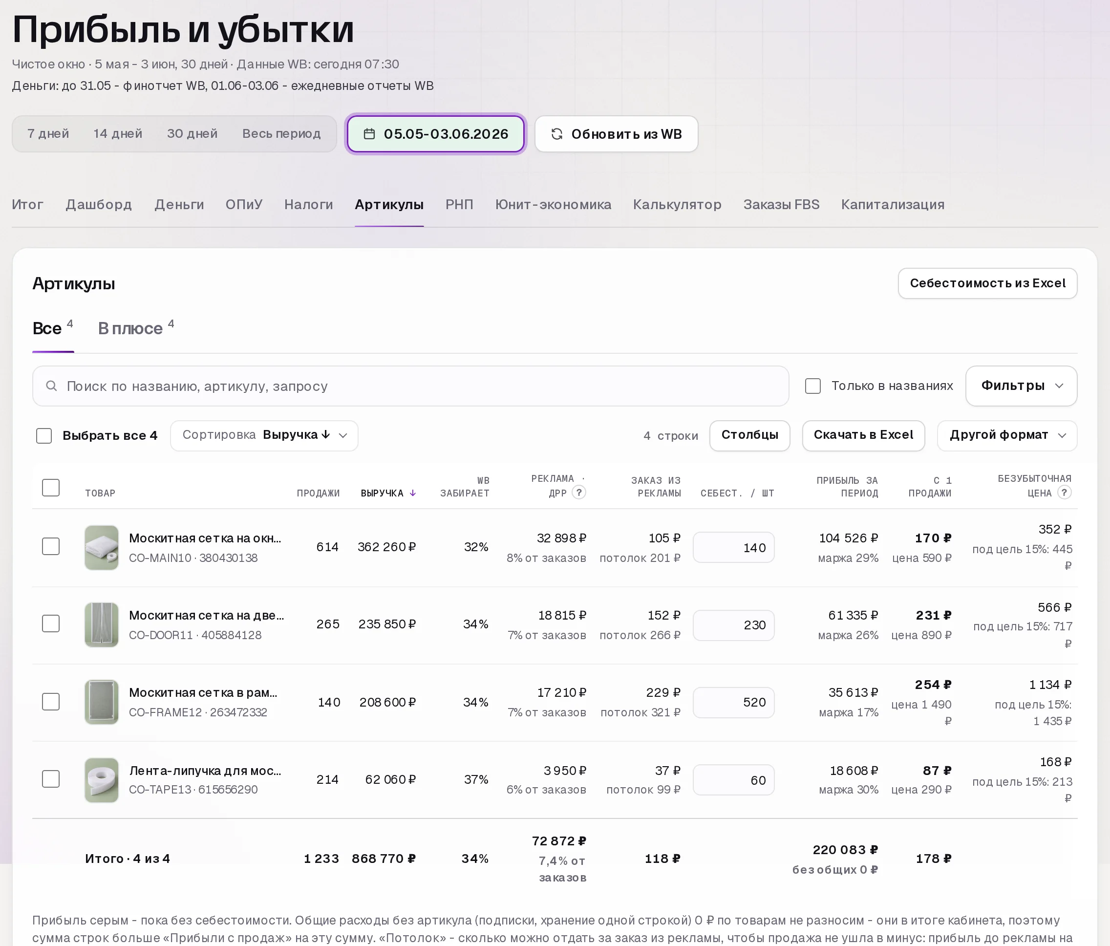 Раздел «Прибыль» в кабинете SkuScan