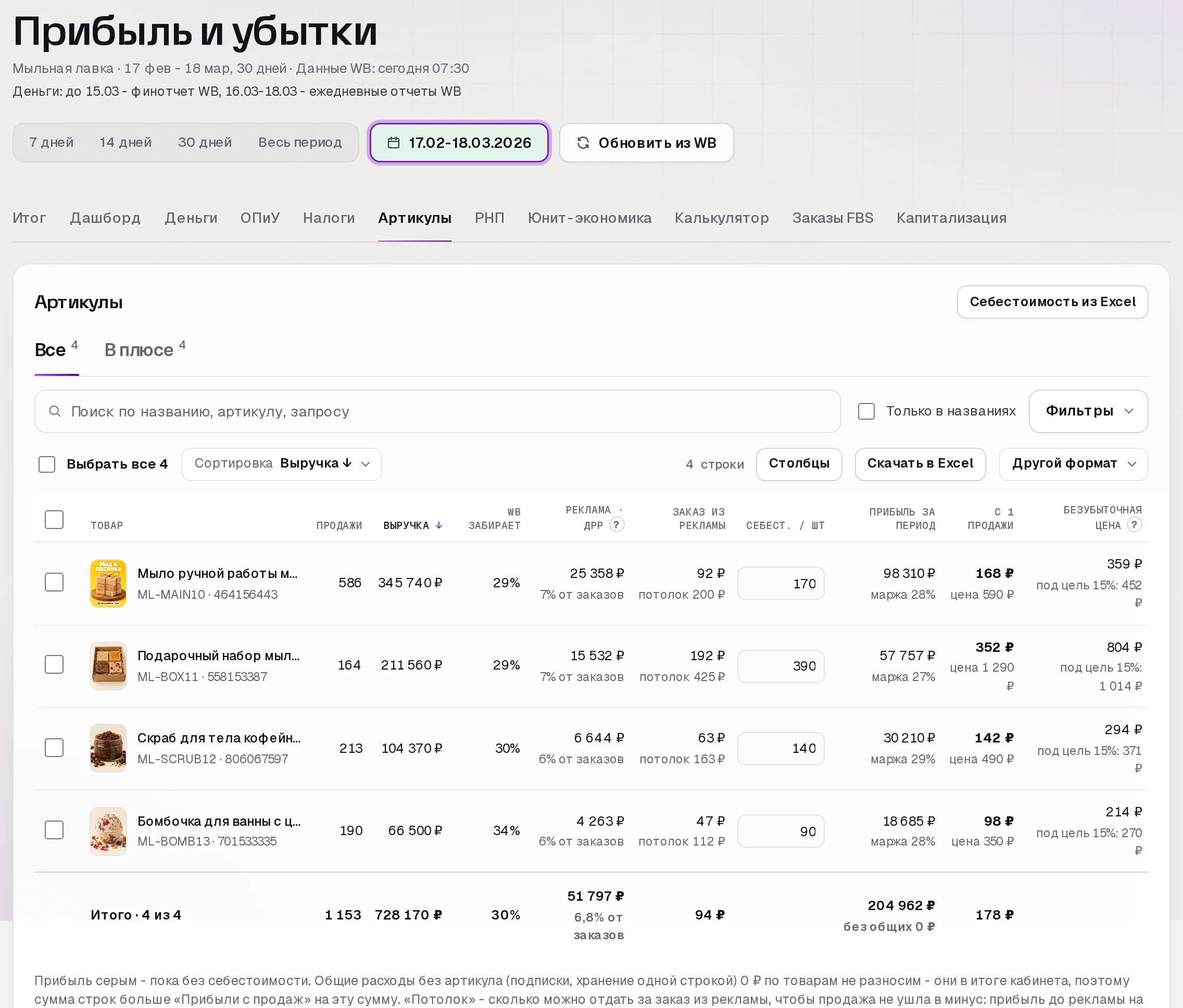 Раздел «Прибыль» в кабинете SkuScan