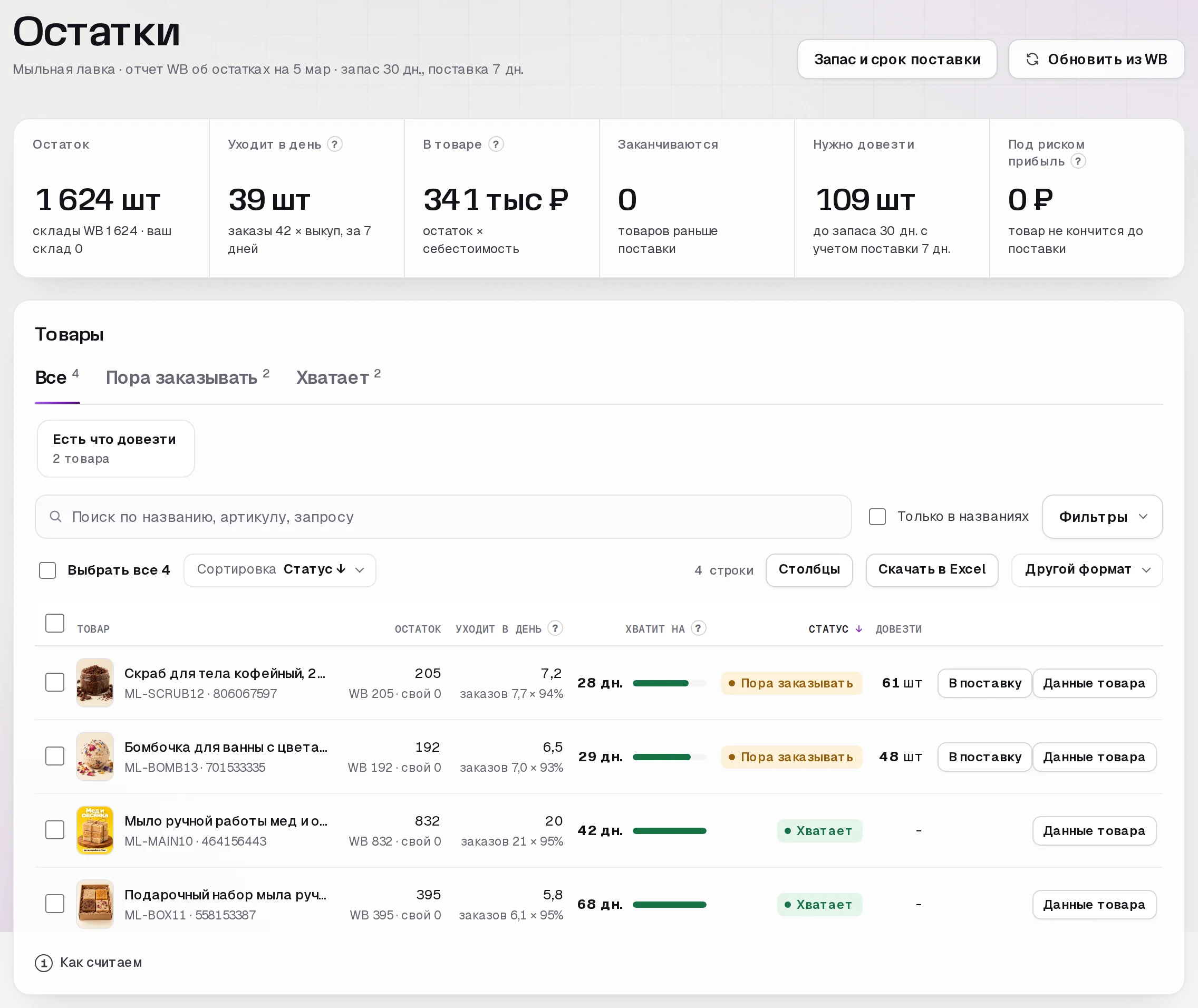 Раздел «Остатки» в кабинете SkuScan