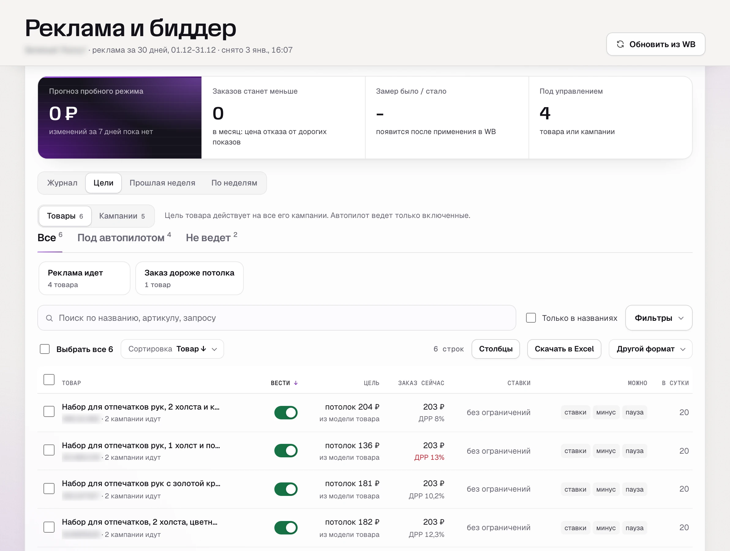 Цели рекламы по товарам в SkuScan