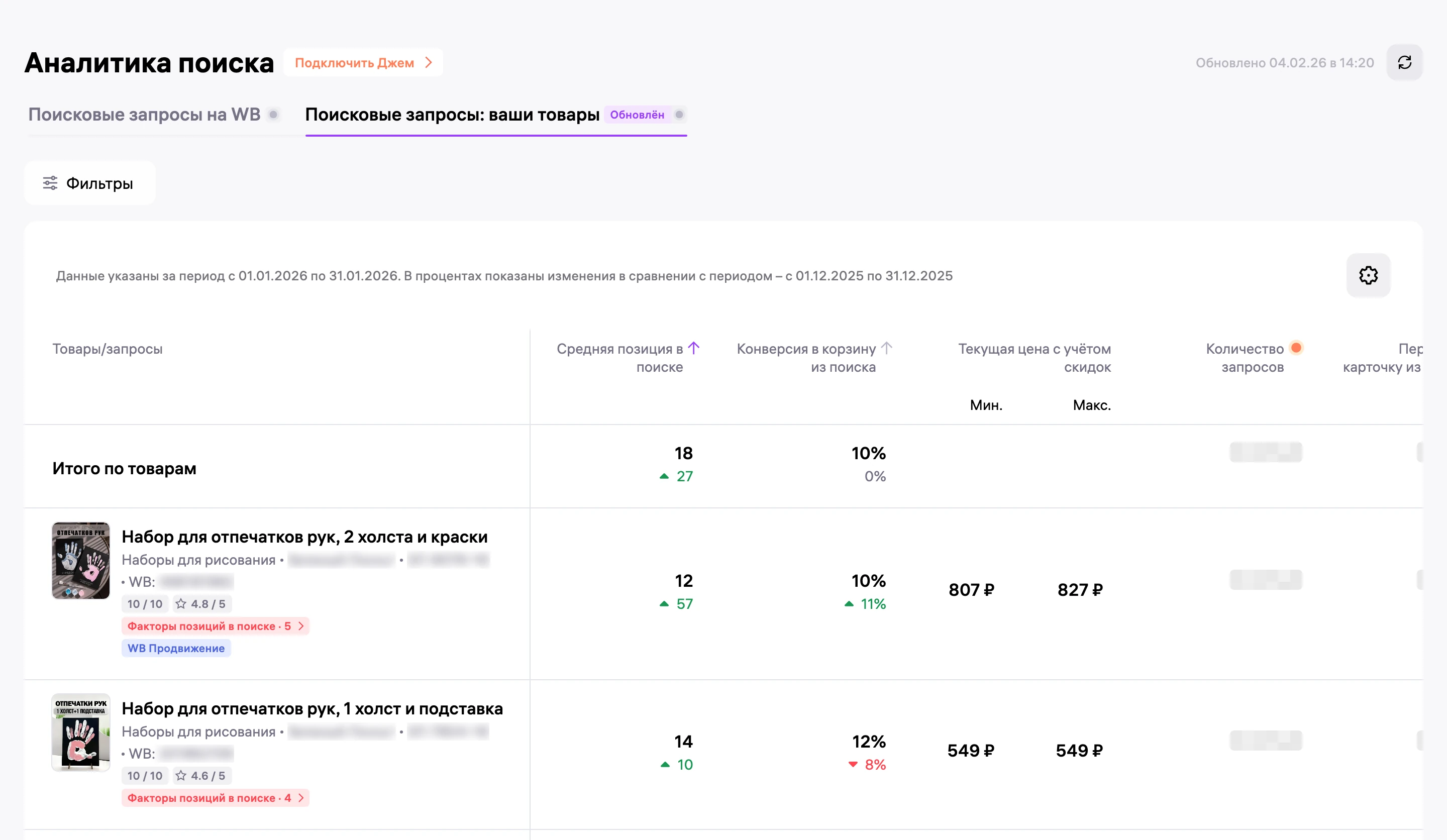Аналитика поиска в кабинете Wildberries за январь