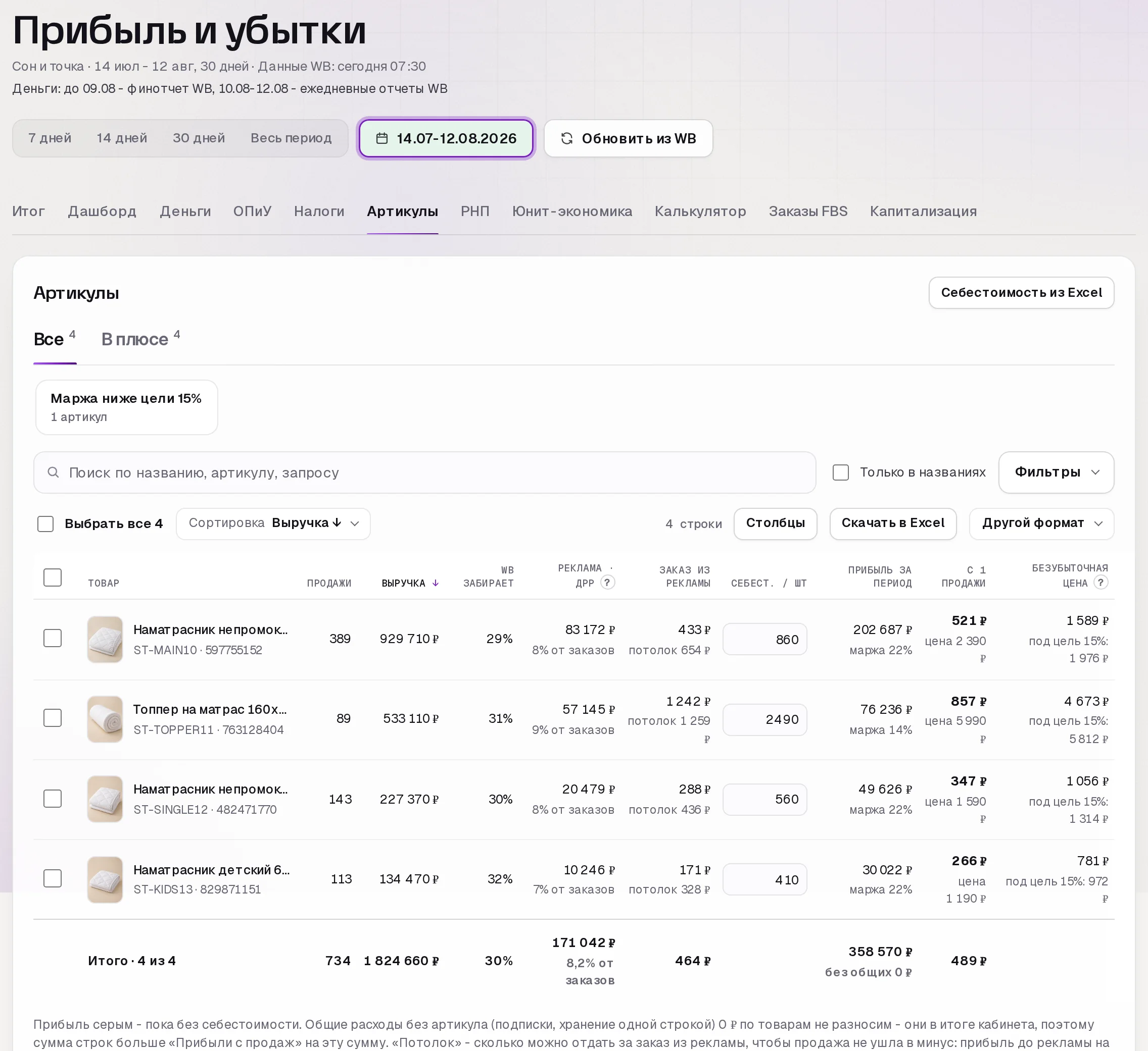 Раздел «Прибыль» в кабинете SkuScan
