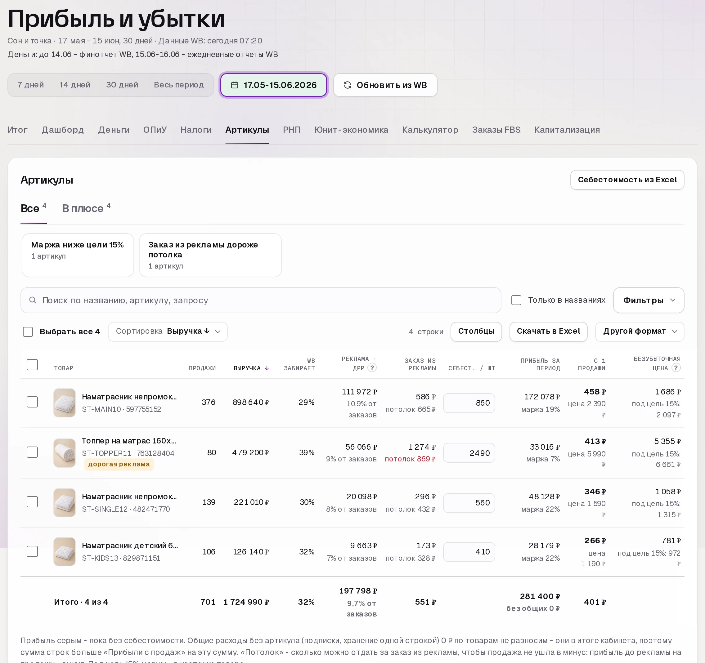 Раздел «Прибыль» в кабинете SkuScan
