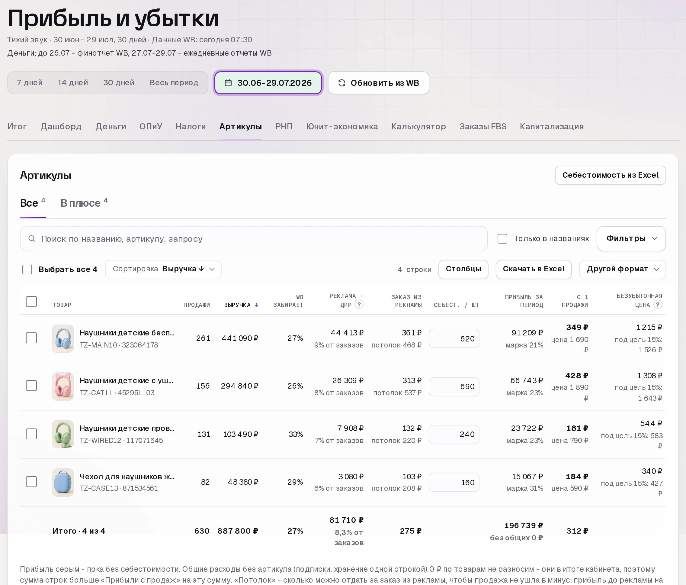 Раздел «Прибыль» в кабинете SkuScan