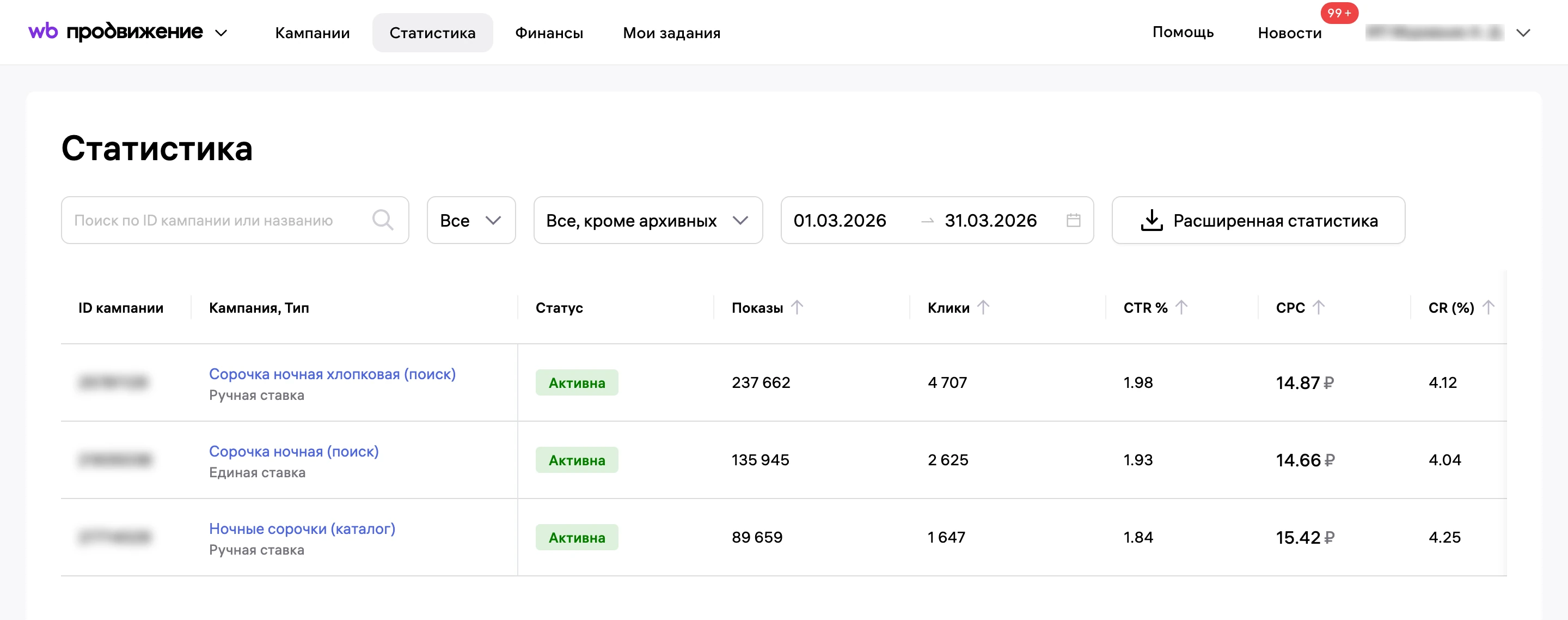 Статистика рекламы в кабинете Wildberries за март