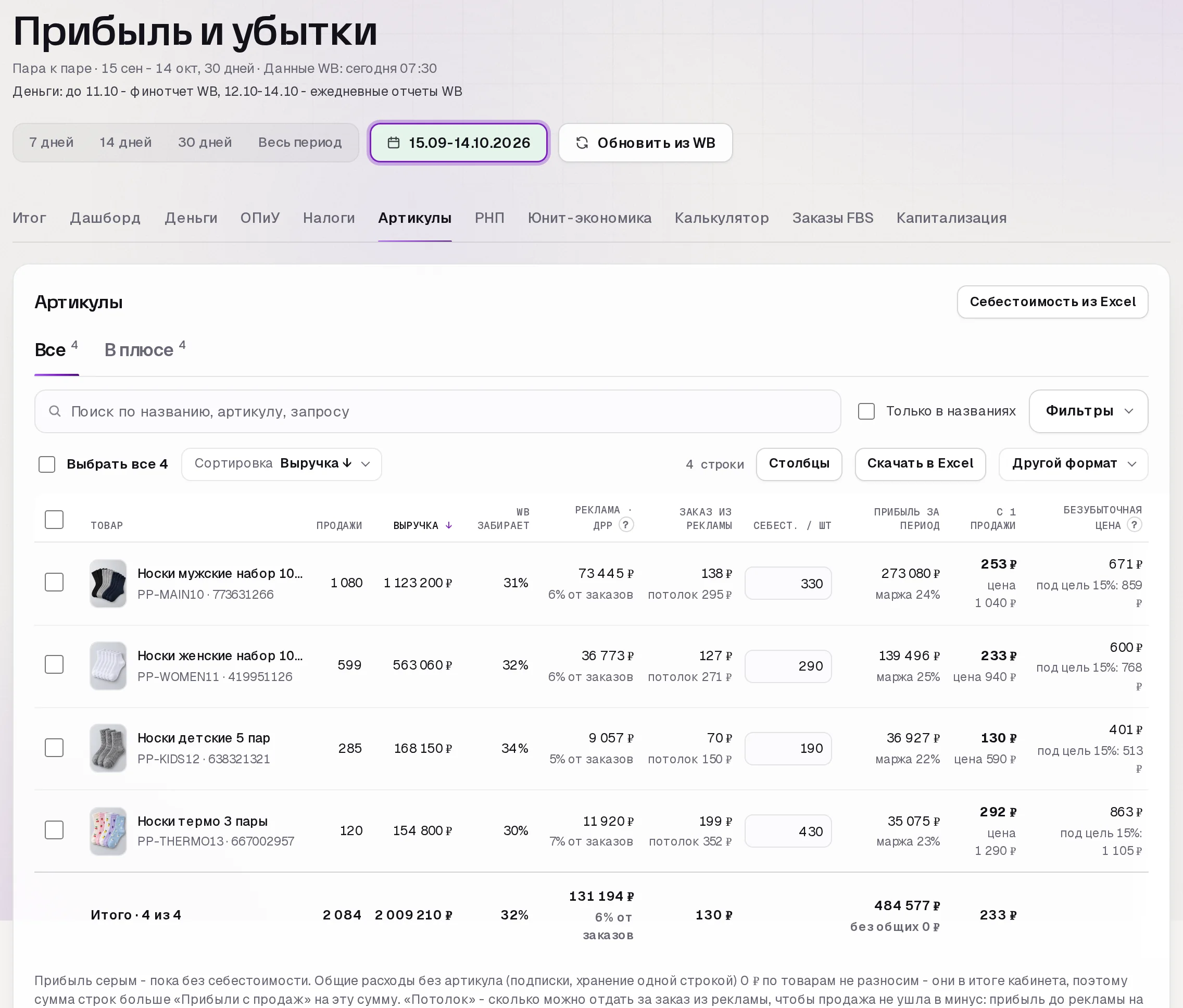 Раздел «Прибыль» в кабинете SkuScan