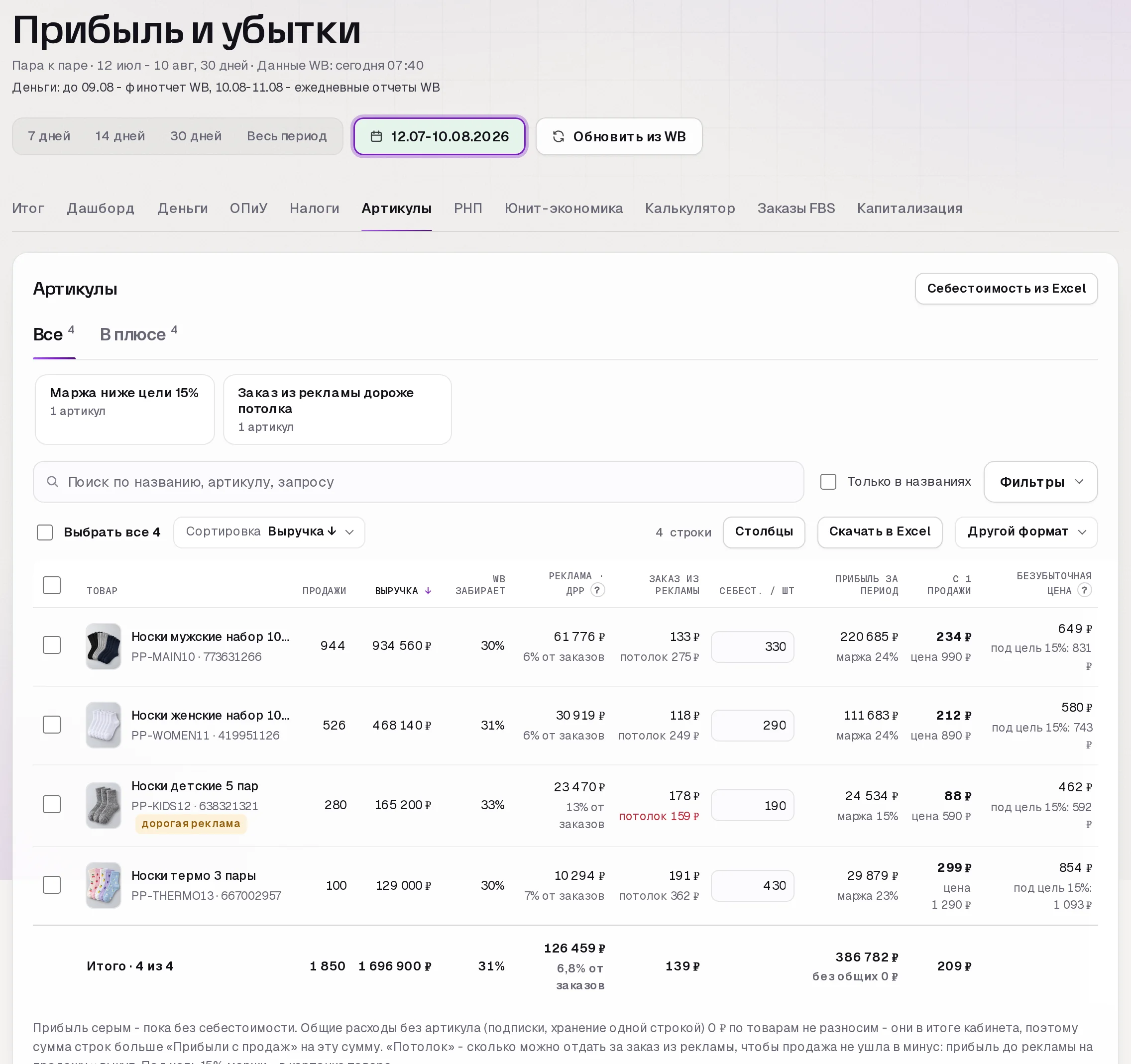 Раздел «Прибыль» в кабинете SkuScan