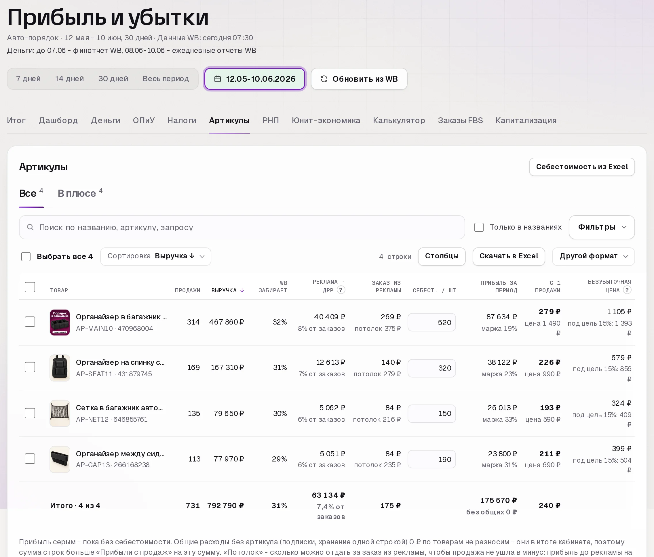 Раздел «Прибыль» в кабинете SkuScan