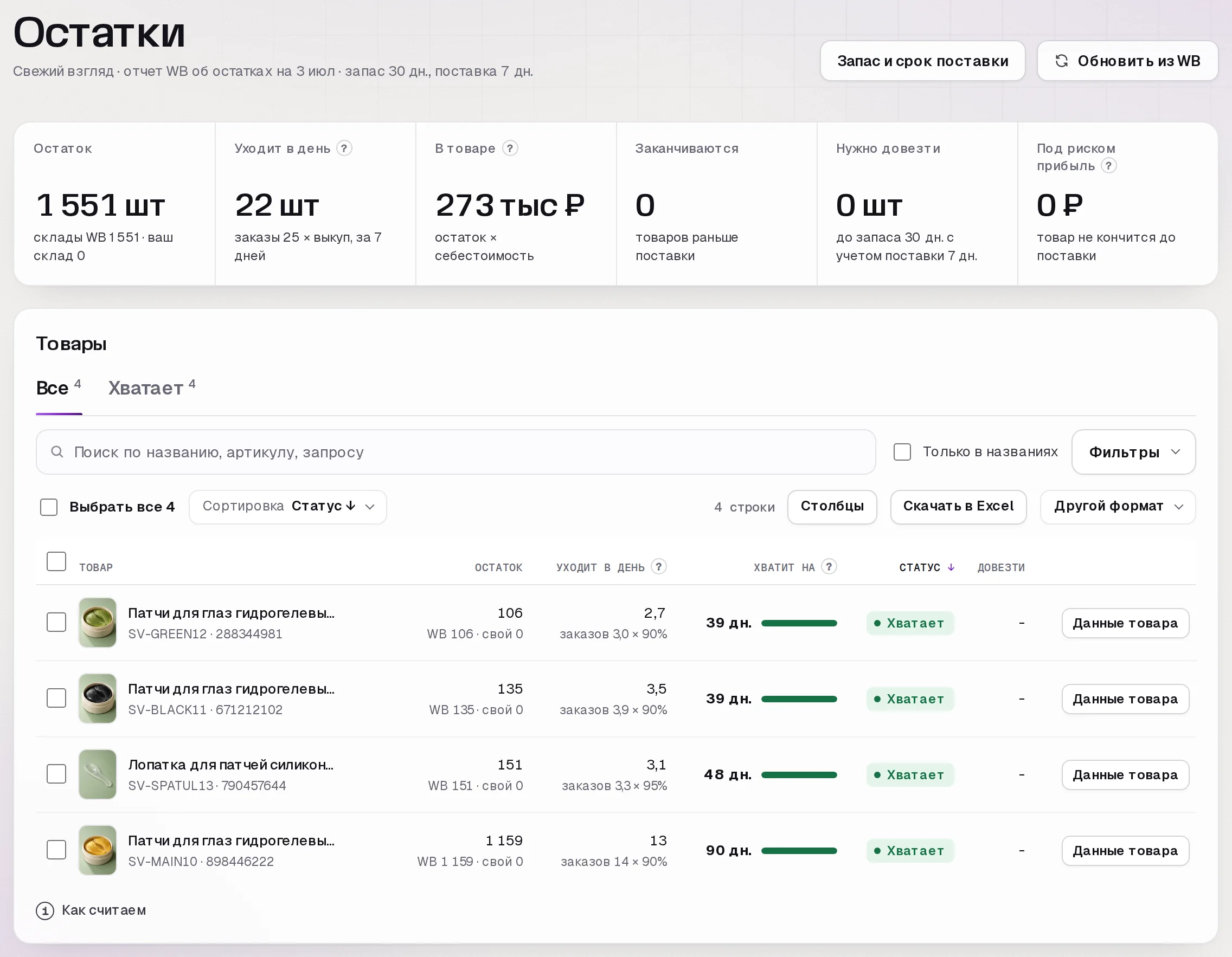 Раздел «Остатки» в кабинете SkuScan