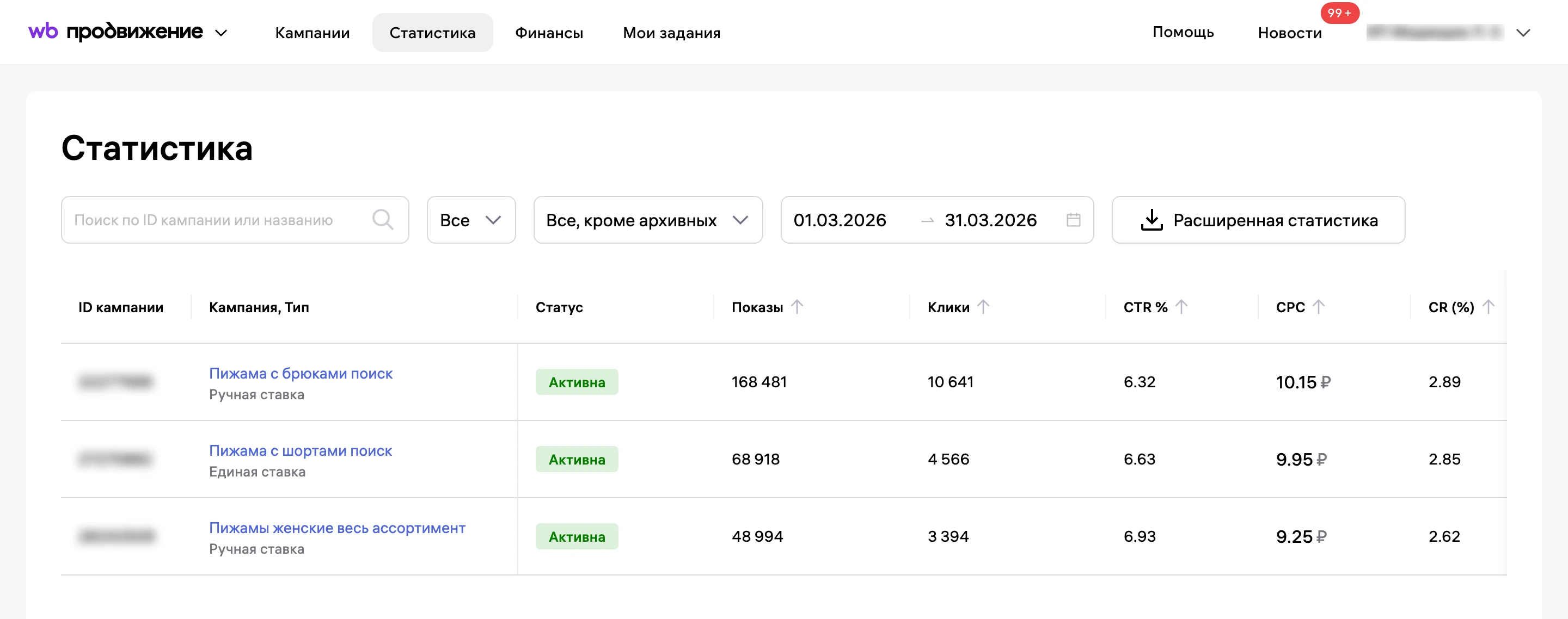 Статистика рекламы в кабинете Wildberries за март