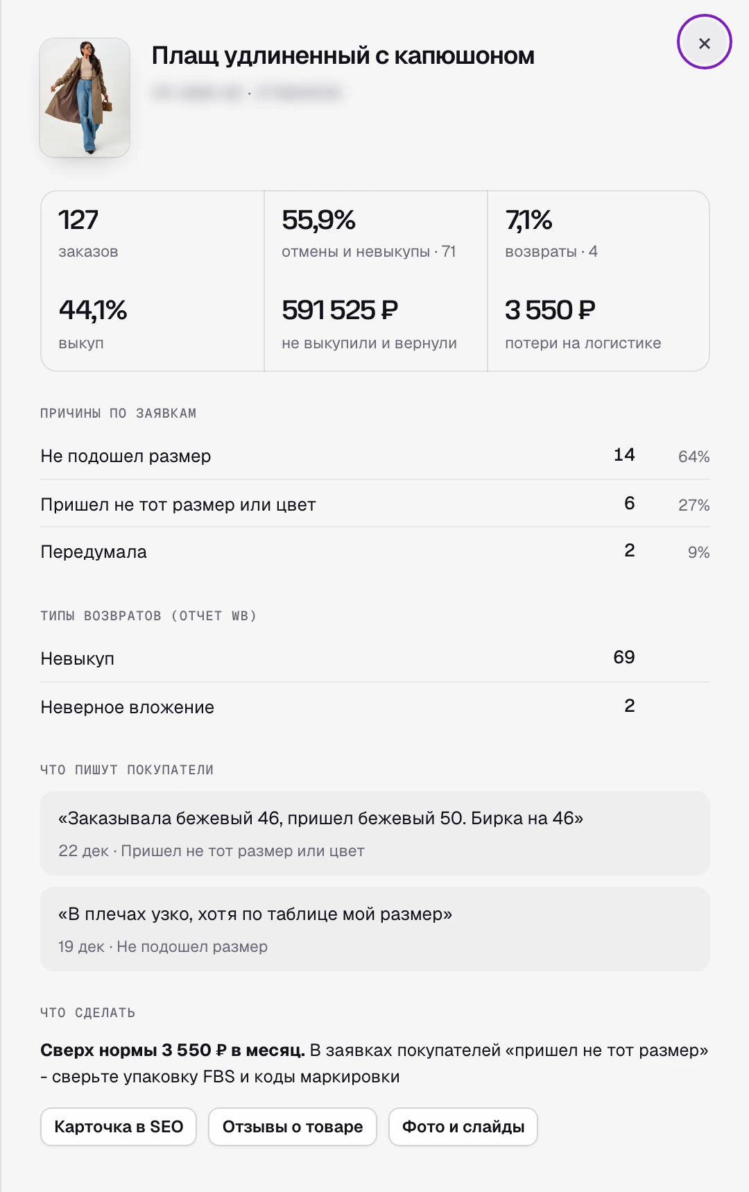 Карточка товара в разделе «Возвраты и отмены» SkuScan