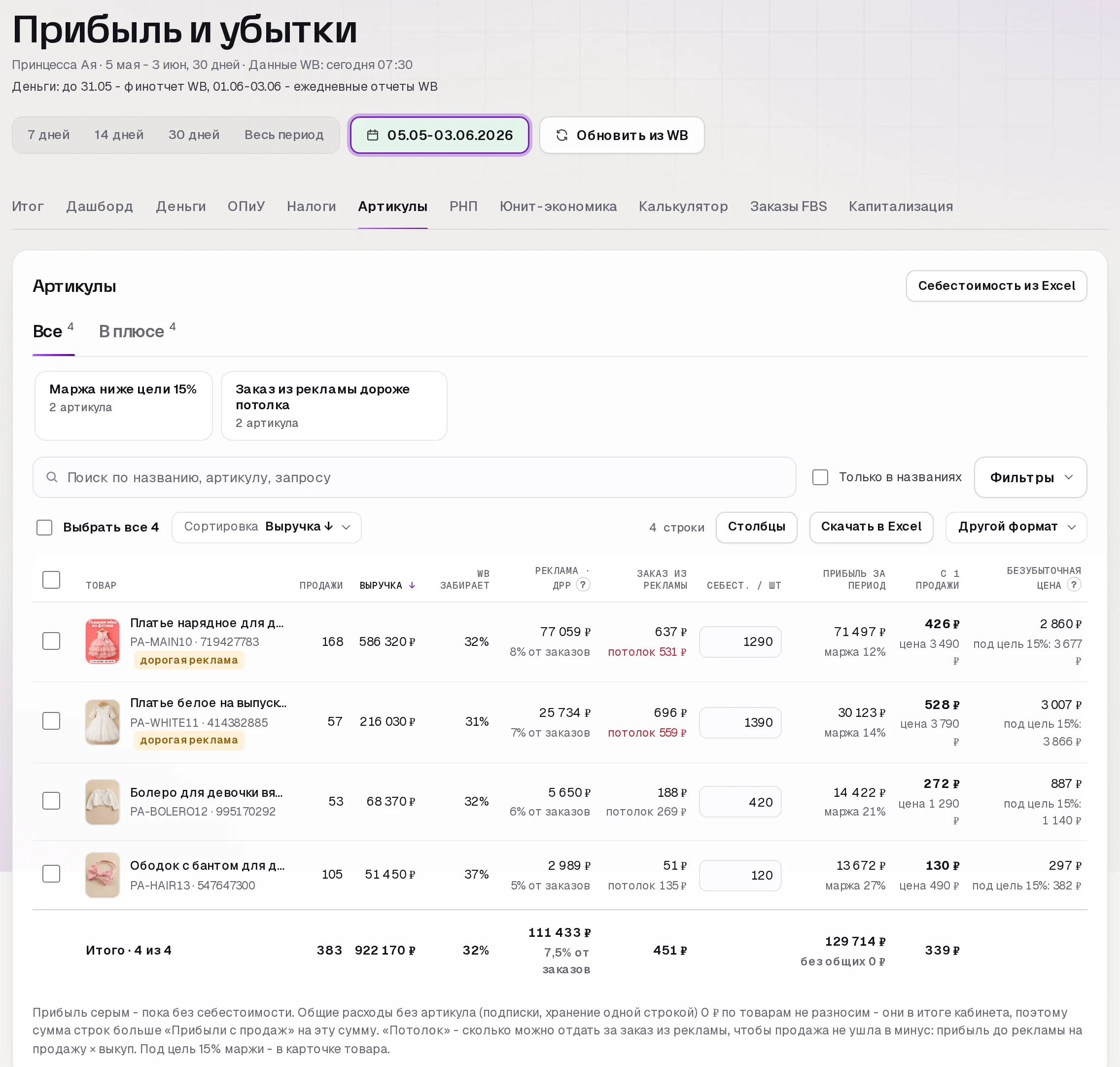 Раздел «Прибыль» в кабинете SkuScan