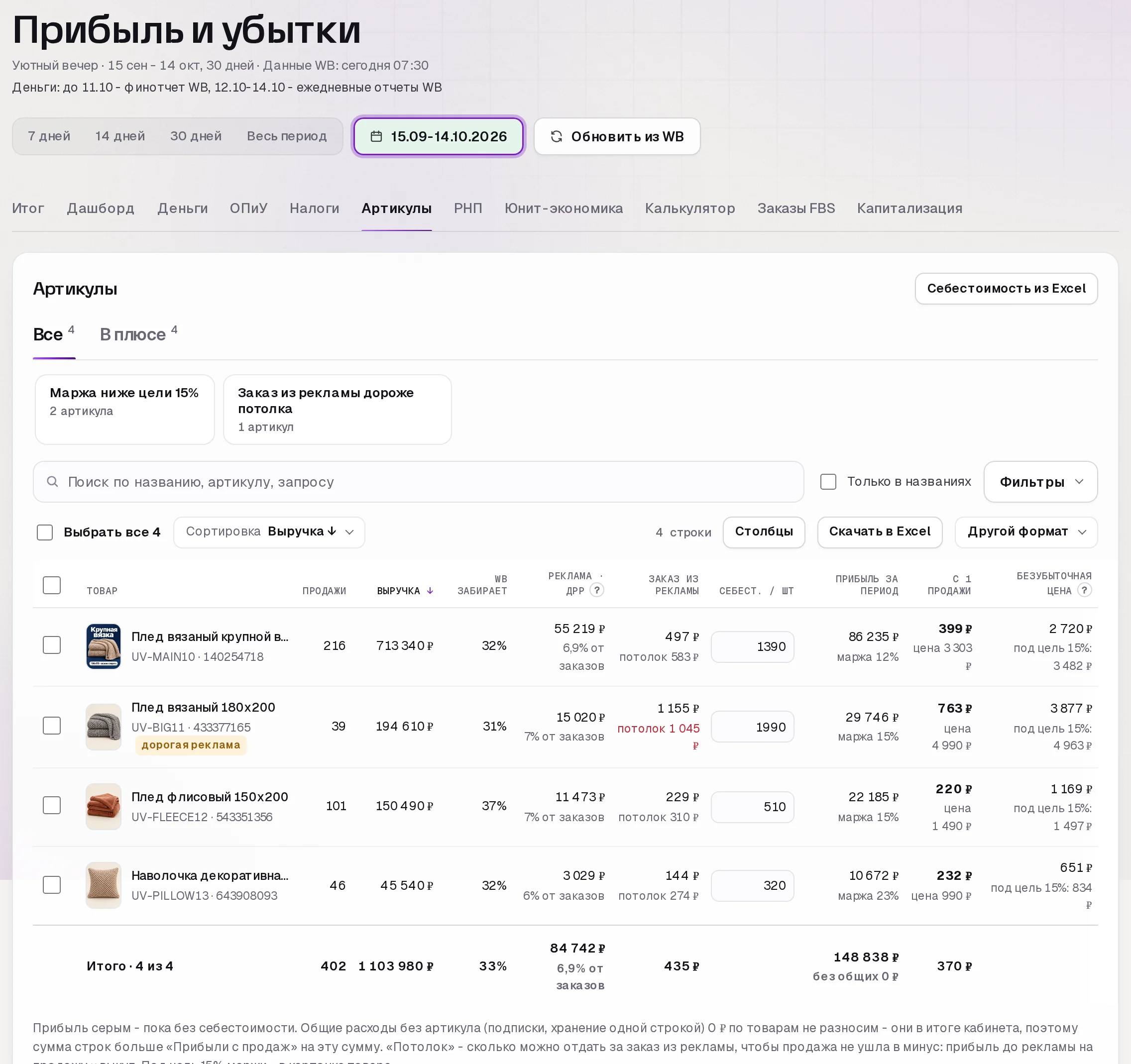 Раздел «Прибыль» в кабинете SkuScan