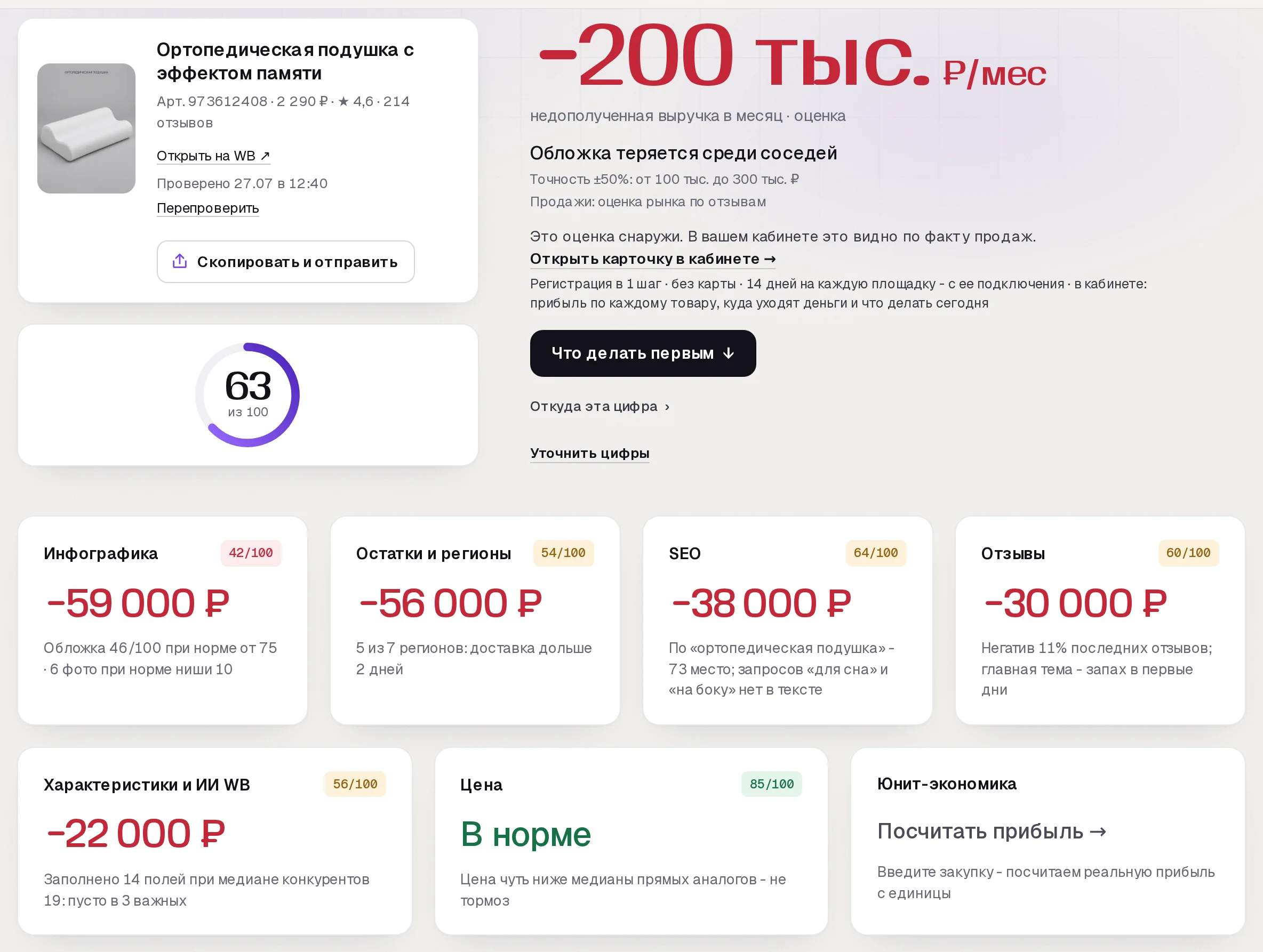 Отчет бесплатного аудита SkuScan по главной подушке