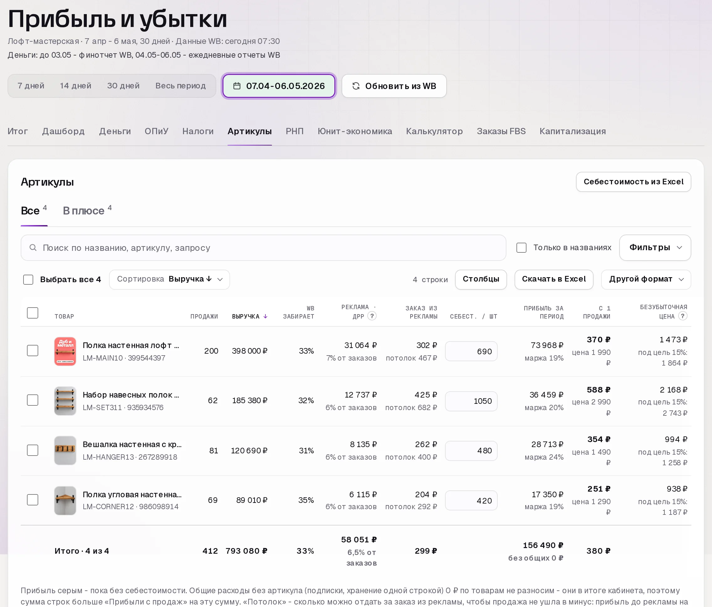 Раздел «Прибыль» в кабинете SkuScan