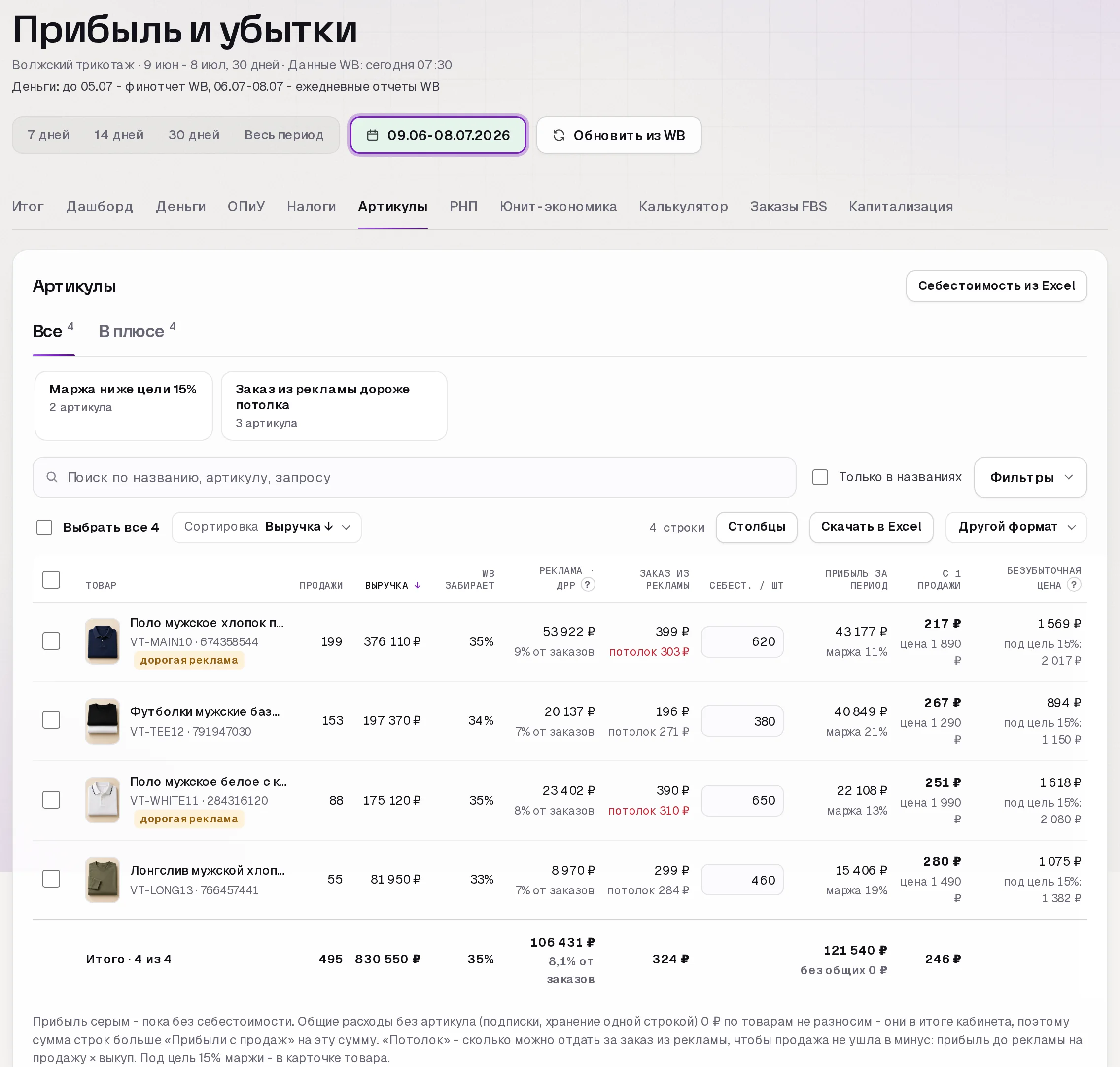 Раздел «Прибыль» в кабинете SkuScan