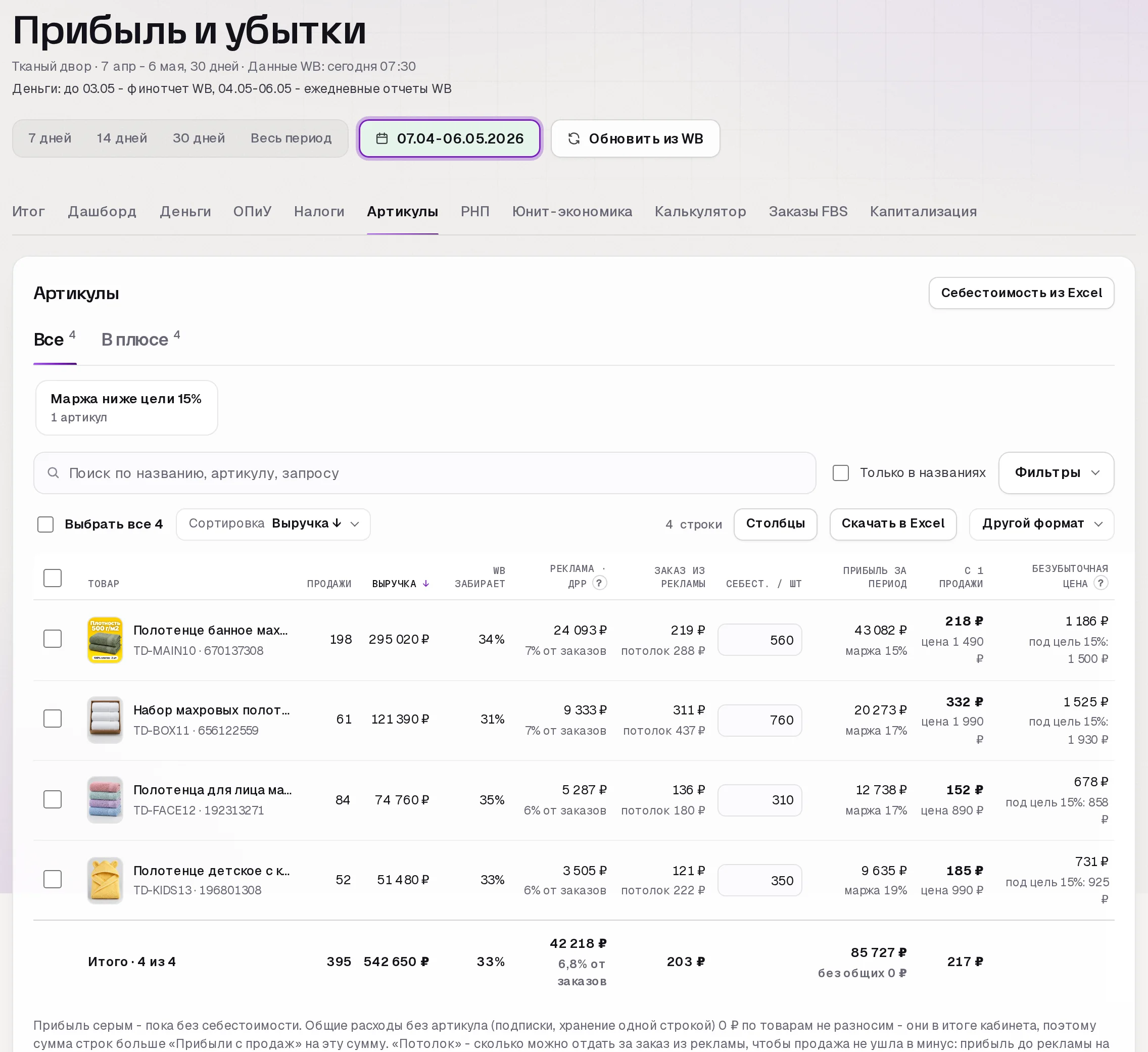 Раздел «Прибыль» в кабинете SkuScan