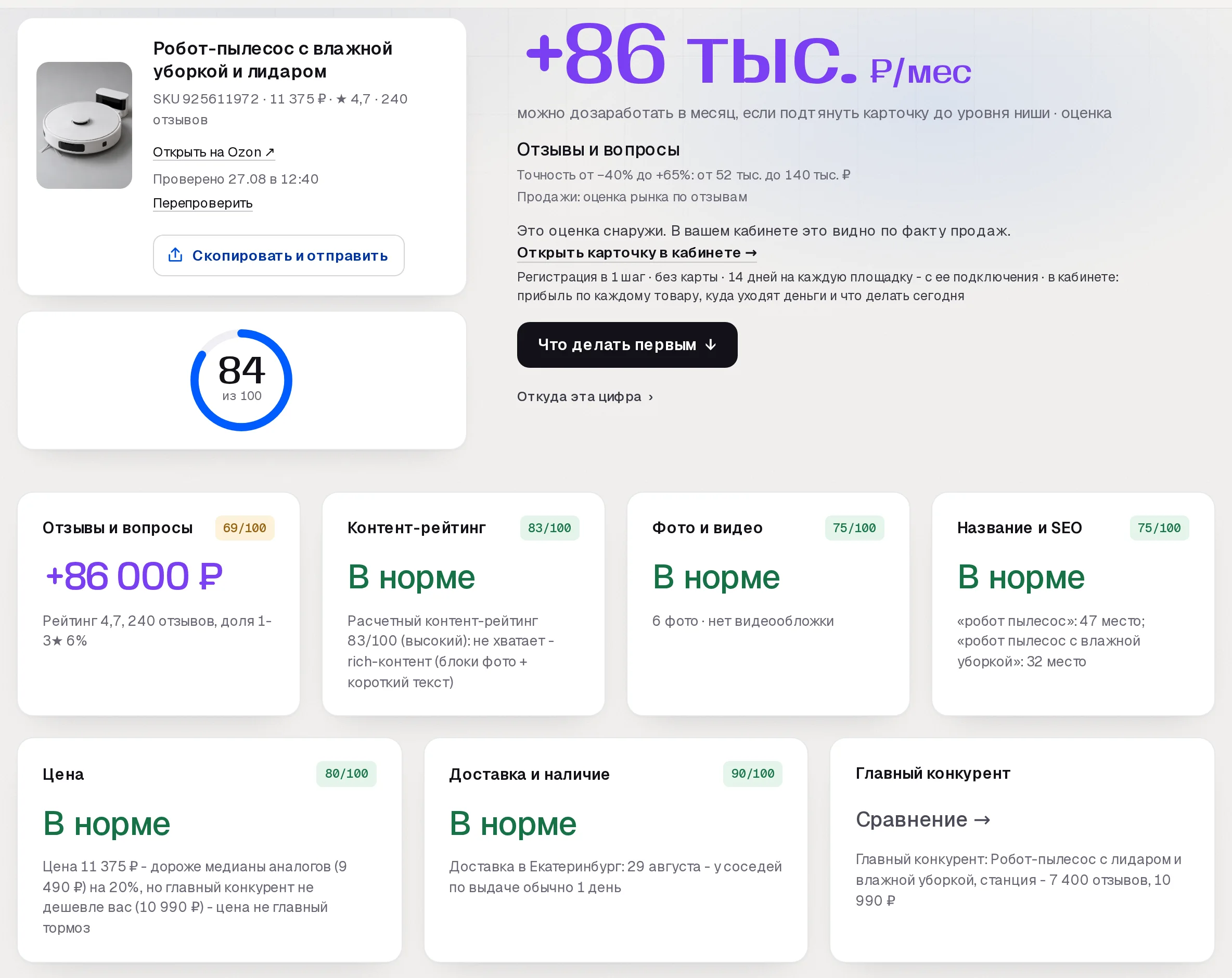 Отчет бесплатного аудита SkuScan по карточке робота-пылесоса на Ozon