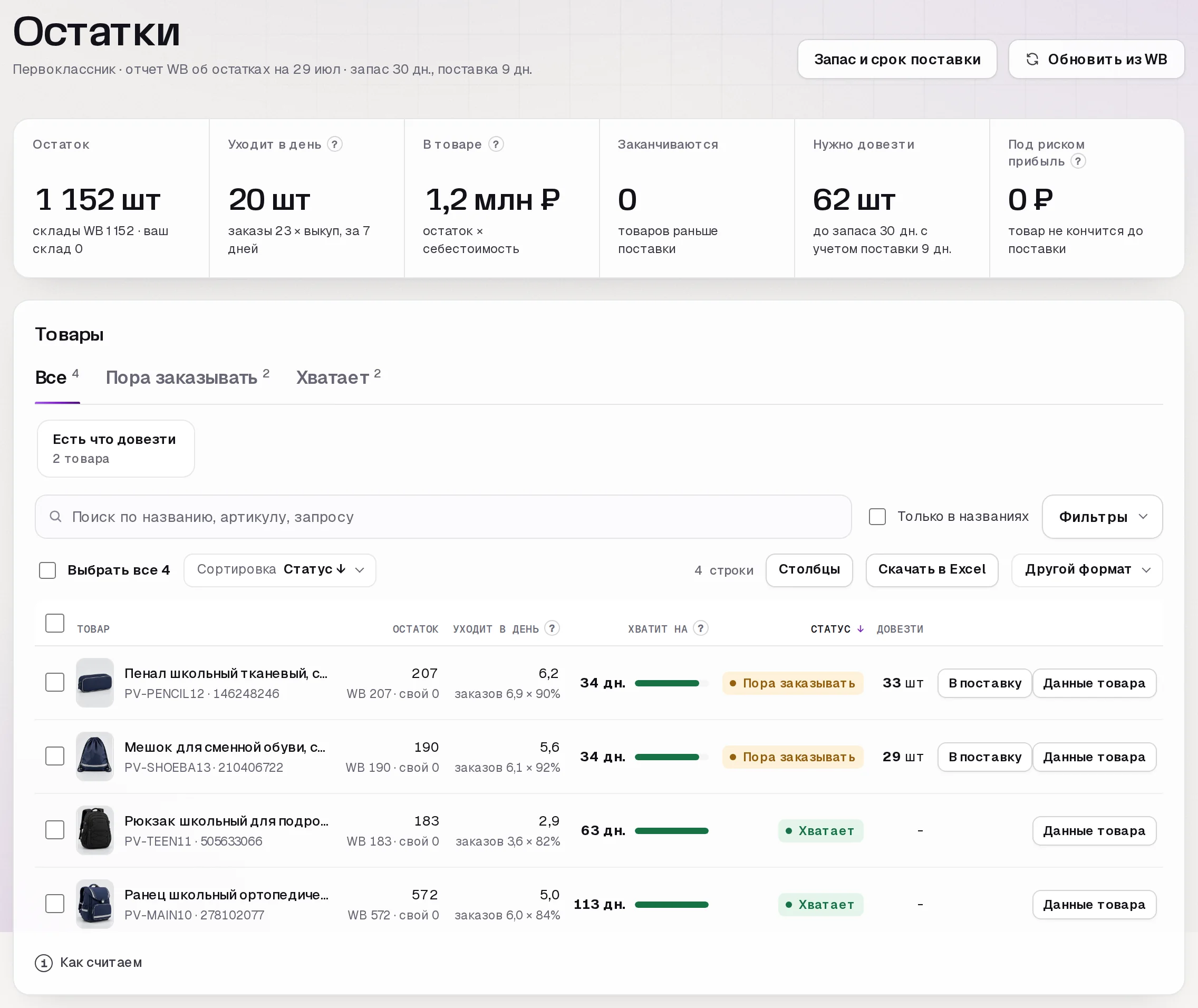 Раздел «Остатки» в кабинете SkuScan