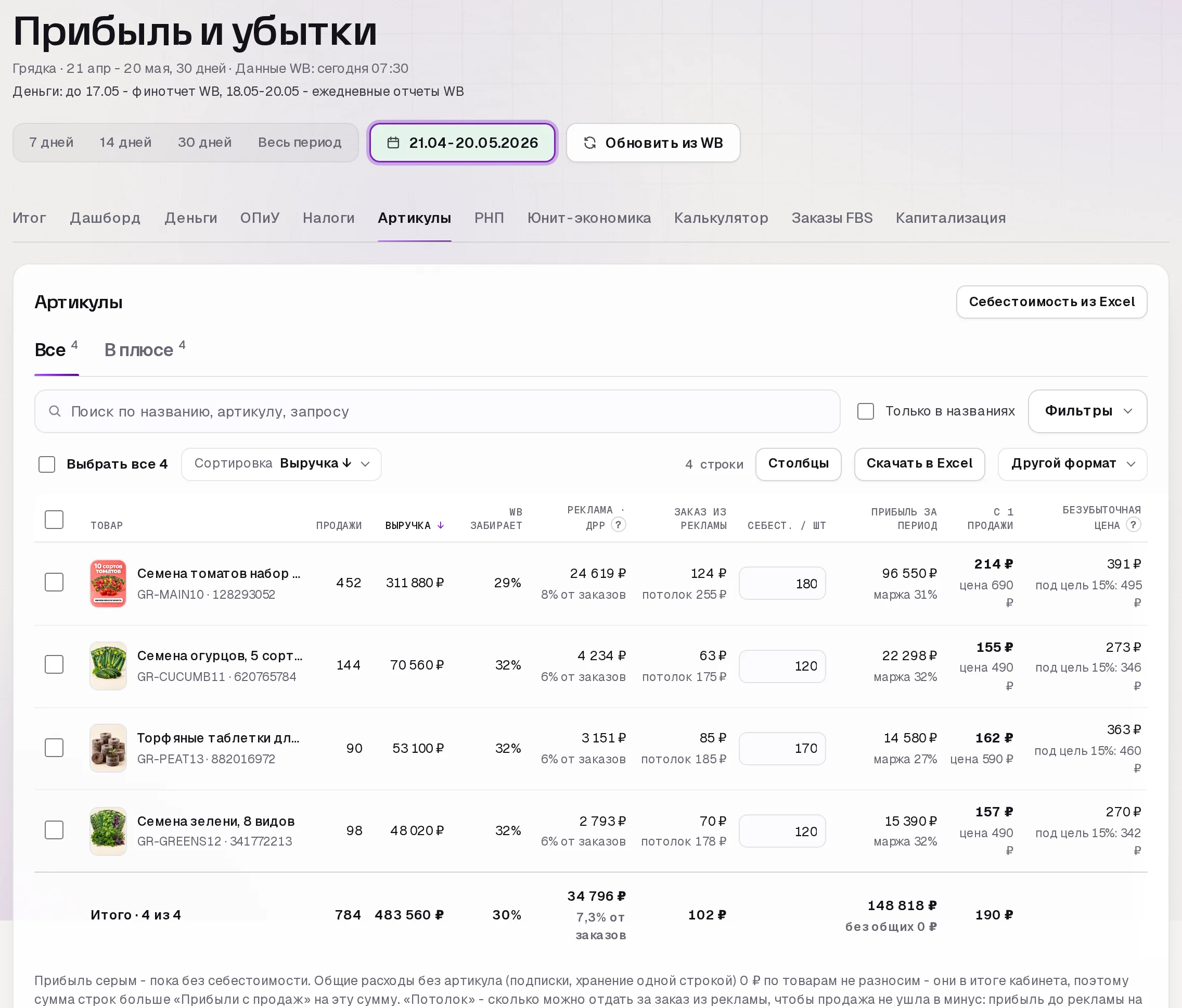 Раздел «Прибыль» в кабинете SkuScan