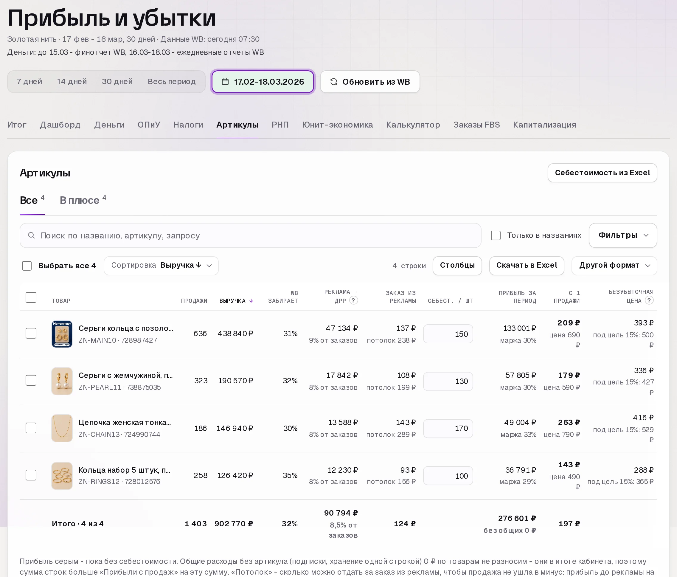 Раздел «Прибыль» в кабинете SkuScan