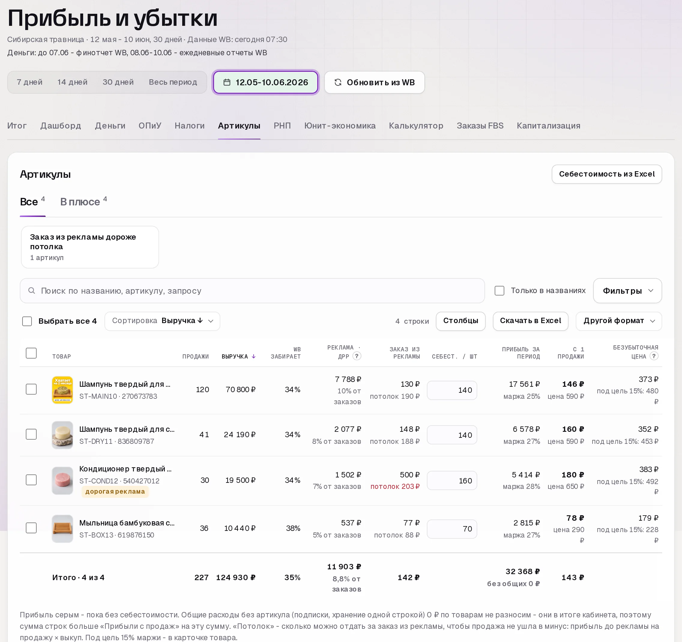 Раздел «Прибыль» в кабинете SkuScan