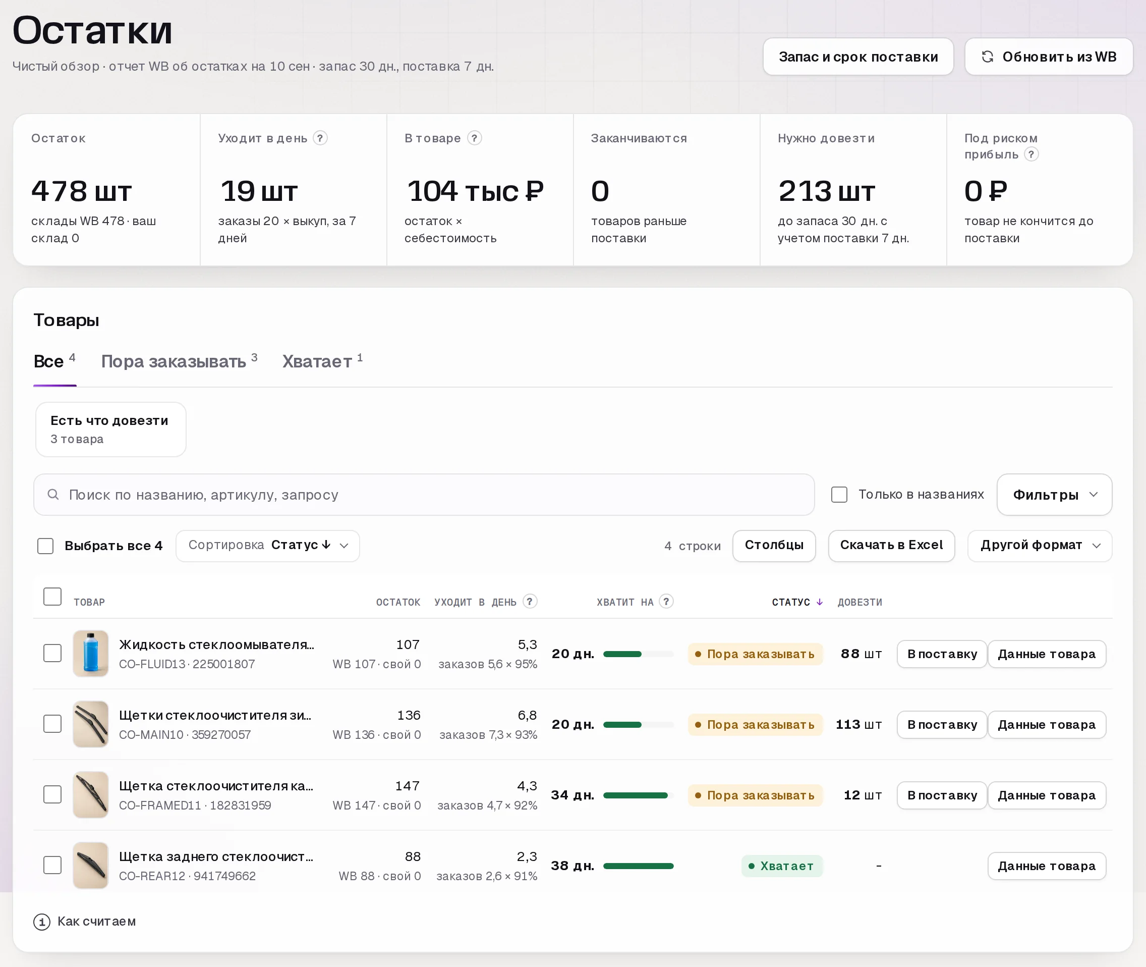 Раздел «Остатки» в кабинете SkuScan