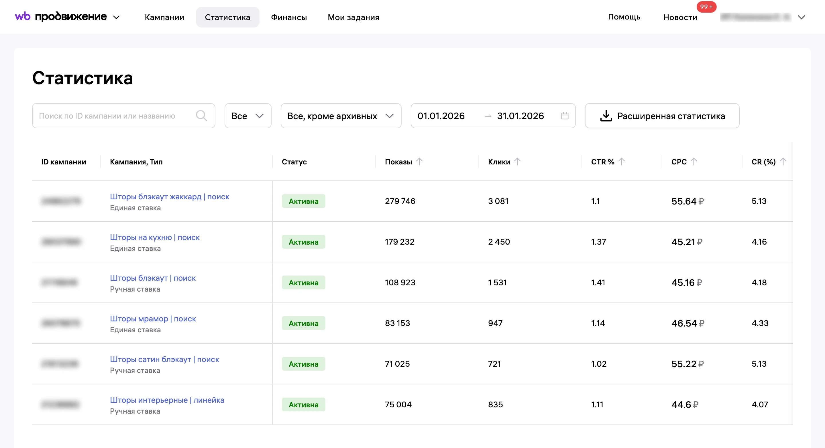 Статистика рекламных кампаний Wildberries до работы